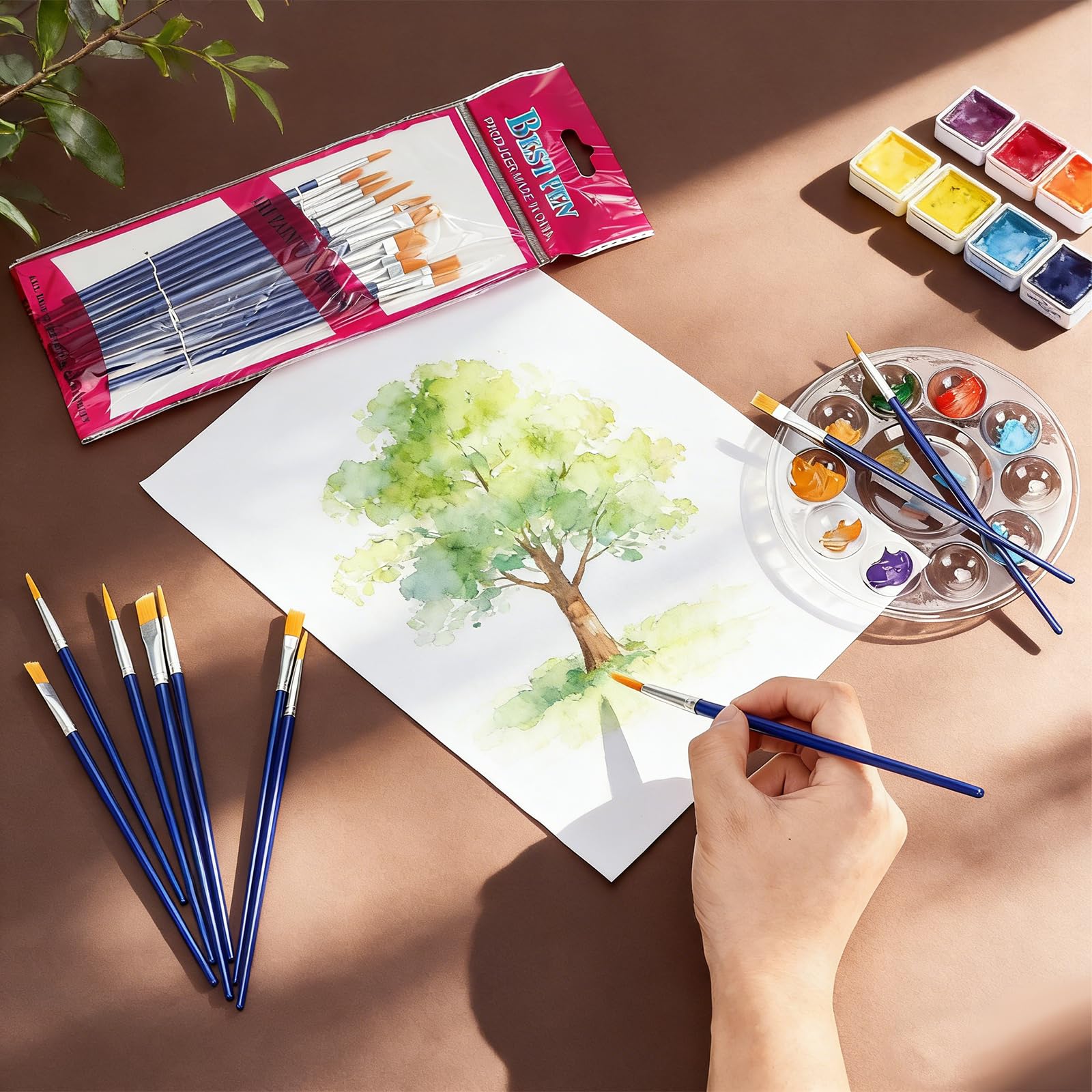 Juego de 312 pinceles de pintura, 24 paletas de pintura con 10 pozos, 288 pinceles pequeños (planos/redondos), cabezal de pincel de nailon, adecuado para acuarela, pintura artesanal