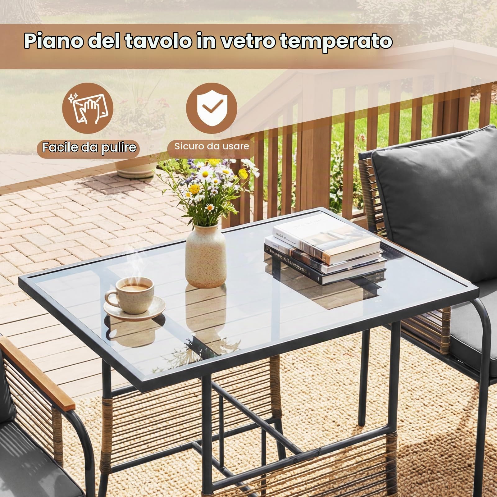 GIANTEX Set Mobile da Giardino in PE Rattan, Tavolo e 2 Sedie con Piano in Vetro Temperato, Cuscini Morbidi e Braccioli in Legno-Plastica, Salotto da Estemo per Cortile, Patio, Piscina (Grigio)