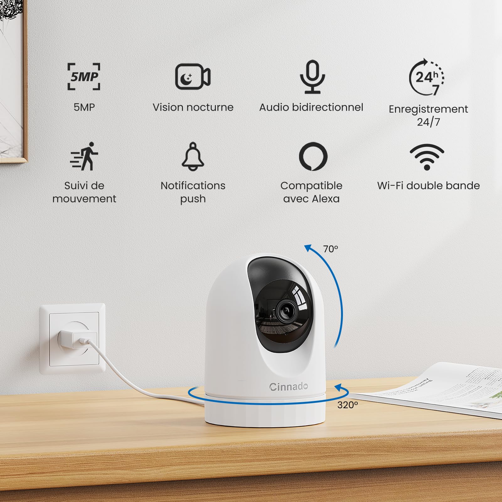 Cinndo 5 MP Wewnętrzna kamera Wi-Fi -5 G/2,4 GHz, kamera monitorująca Wi-Fi dla dziecka z kolorowym widzeniem w nocy, obsługuje śledzenie ruchu, kompatybilna z Alexa