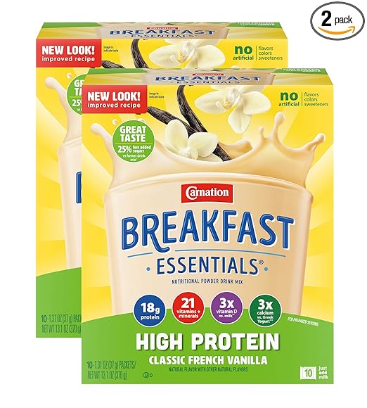 Carnation Breakfast Essentials High Protein Nutritional Powder Drink Mix Packets Vanilla, 13.1 Ounce (Pack of 2)