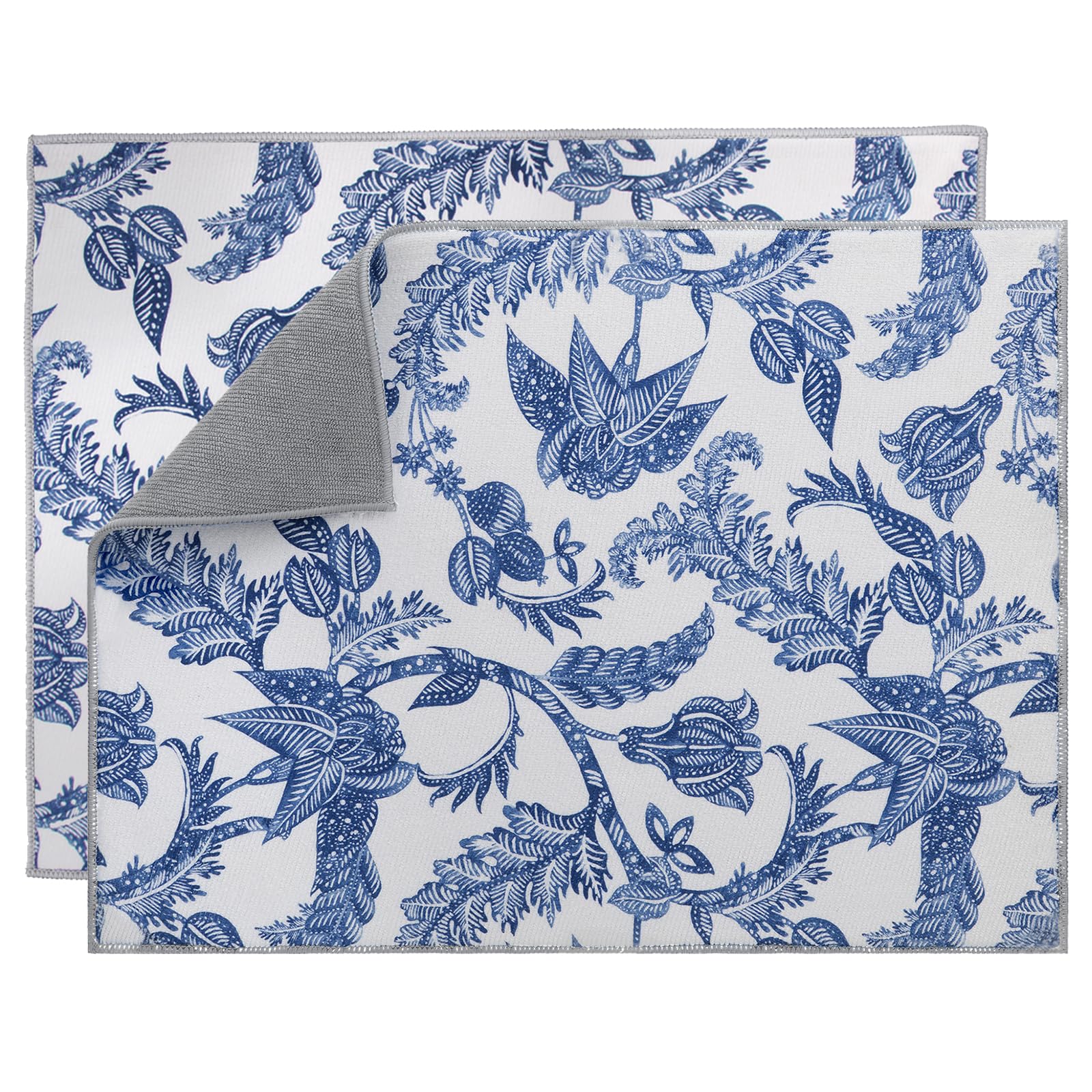 Dish Drying Mat for Kitchen Counter - 2 Pack 15" X 20" Placemats (Blue and White Porcelain, L)