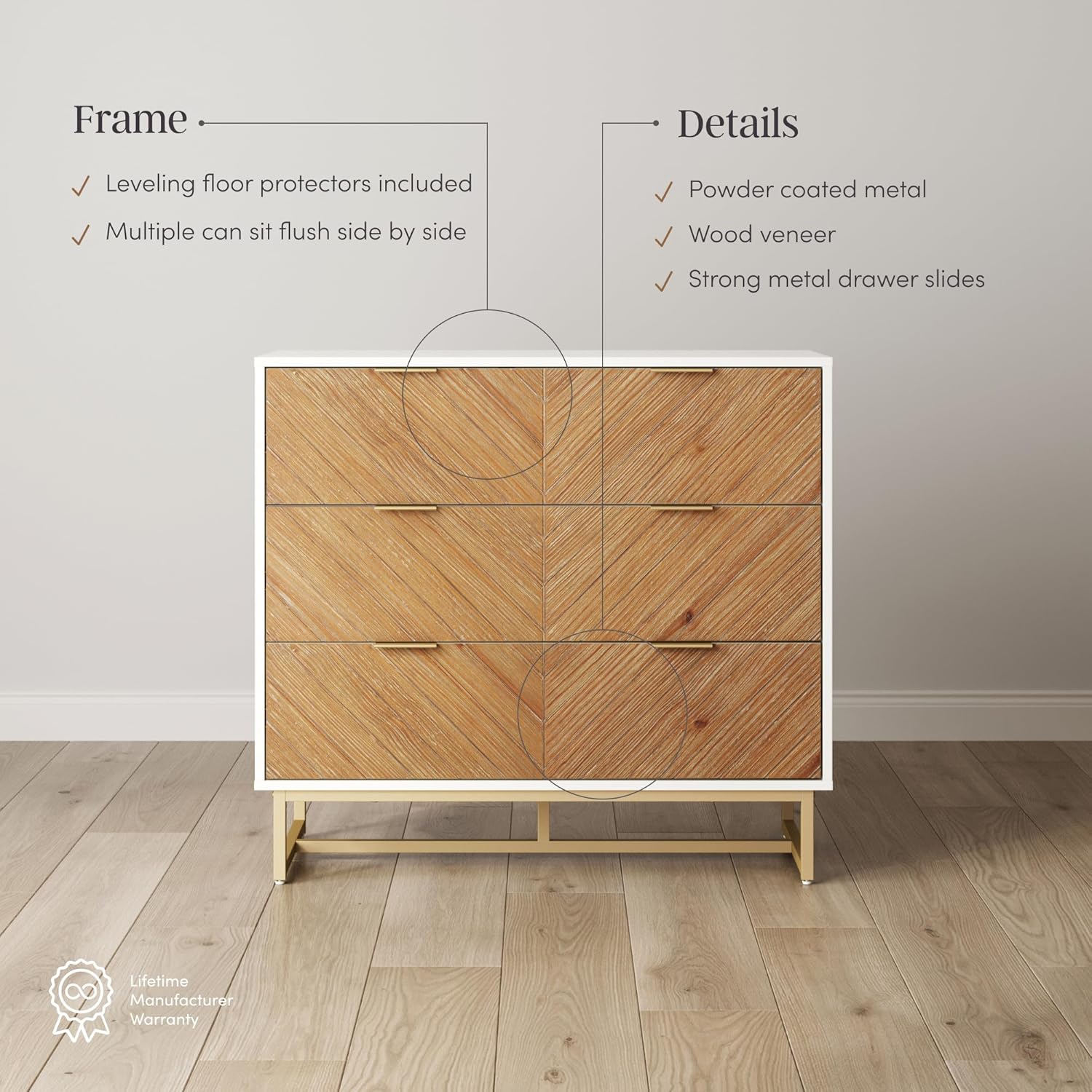 Nathan James Enloe Boho 3-Drawer Dresser for Bedroom, Wood Dresser with Deep Drawers, Metal Legs and Drawer Pulls, White