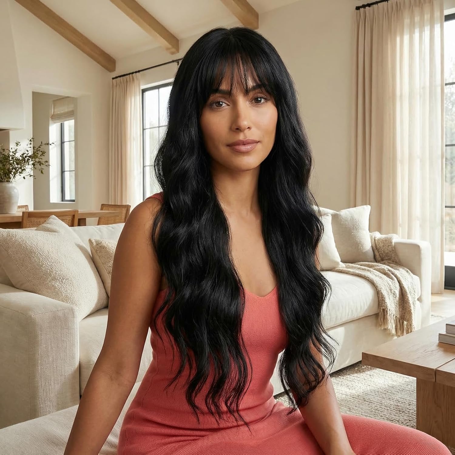 26 Inch Natural Black Body Wave Wig for Women with Air Bangs - Heat Resistant Synthetic Wig, Breathable Cap & Free Wig Cap, for Daily Wear, Cosplay, Date & Party