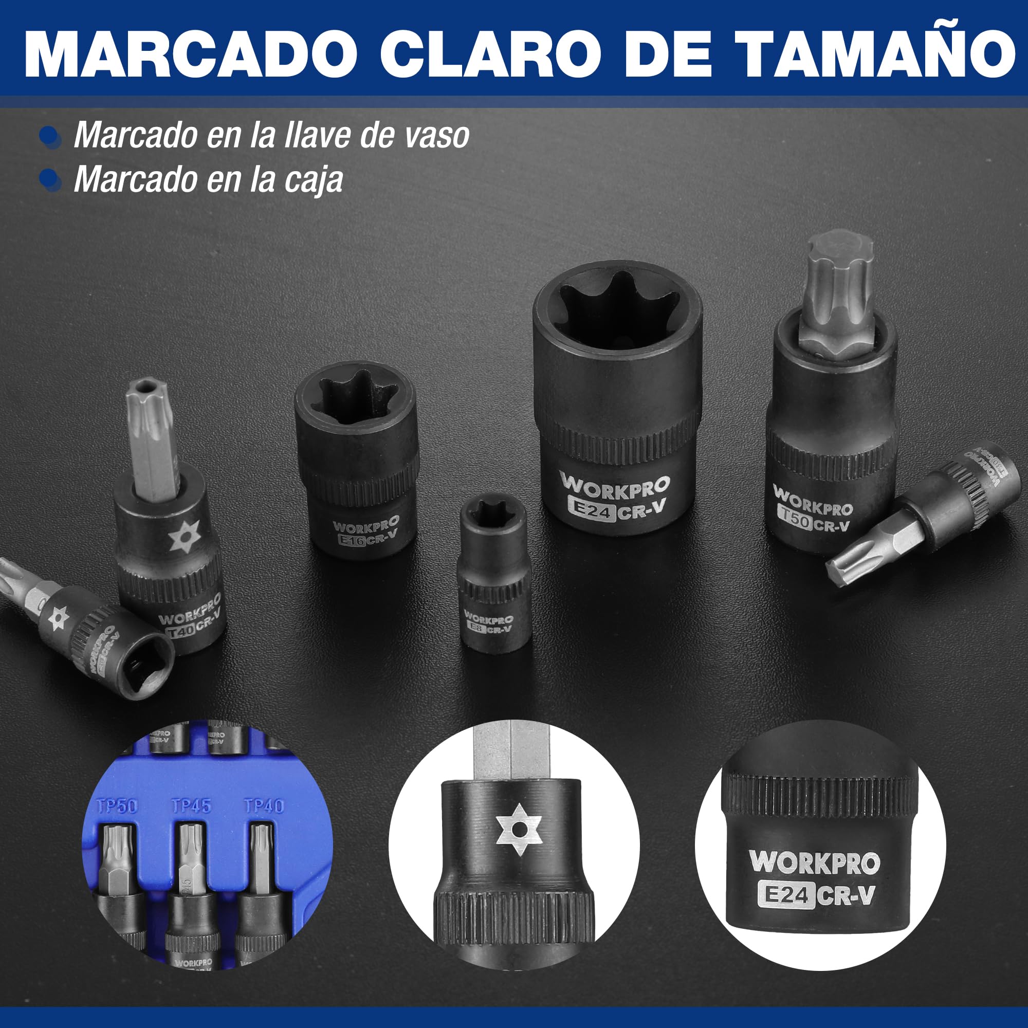 WORKPRO Juego de 60 Piezas de Llaves de Vaso y Puntas Torx, de 1/4", 3/8" y 1/2", Vasos Hembra E-Torx E4-E24, Vaso de Ajuste a Presión T6-T70, Acero Aleado Cr-V y S2