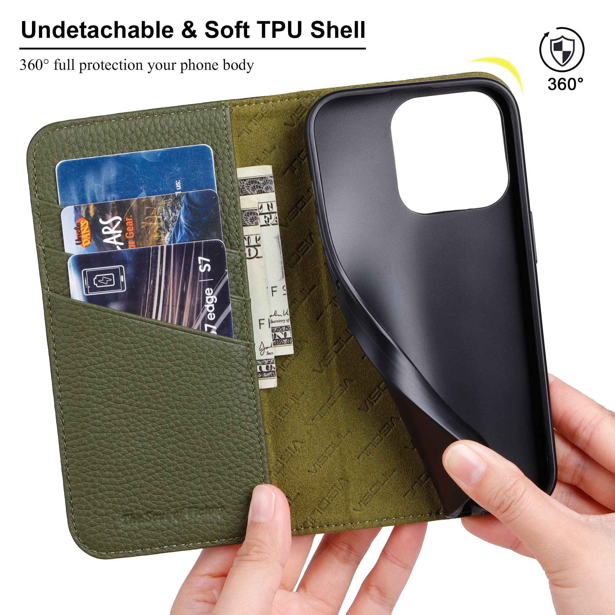 VISOUL IPhone 14 Pro Hülle – Carbon Leder Mit RFID-Schutz, 3 Kartenfächer, Standfunktion, Stoßsicher, Grau