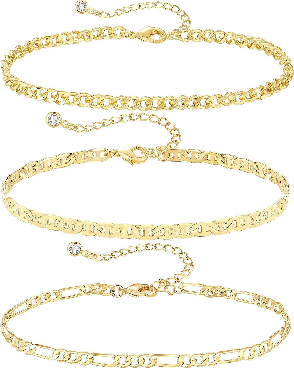XIANNVXI Gold Anklets for Women 3Pcs Anklet Jewelry Waterproof 14K Gold Ankle Stack Anklet for Women Waterproof Gold Summer Bracelets Non Tarnish Cuban Link Anklets