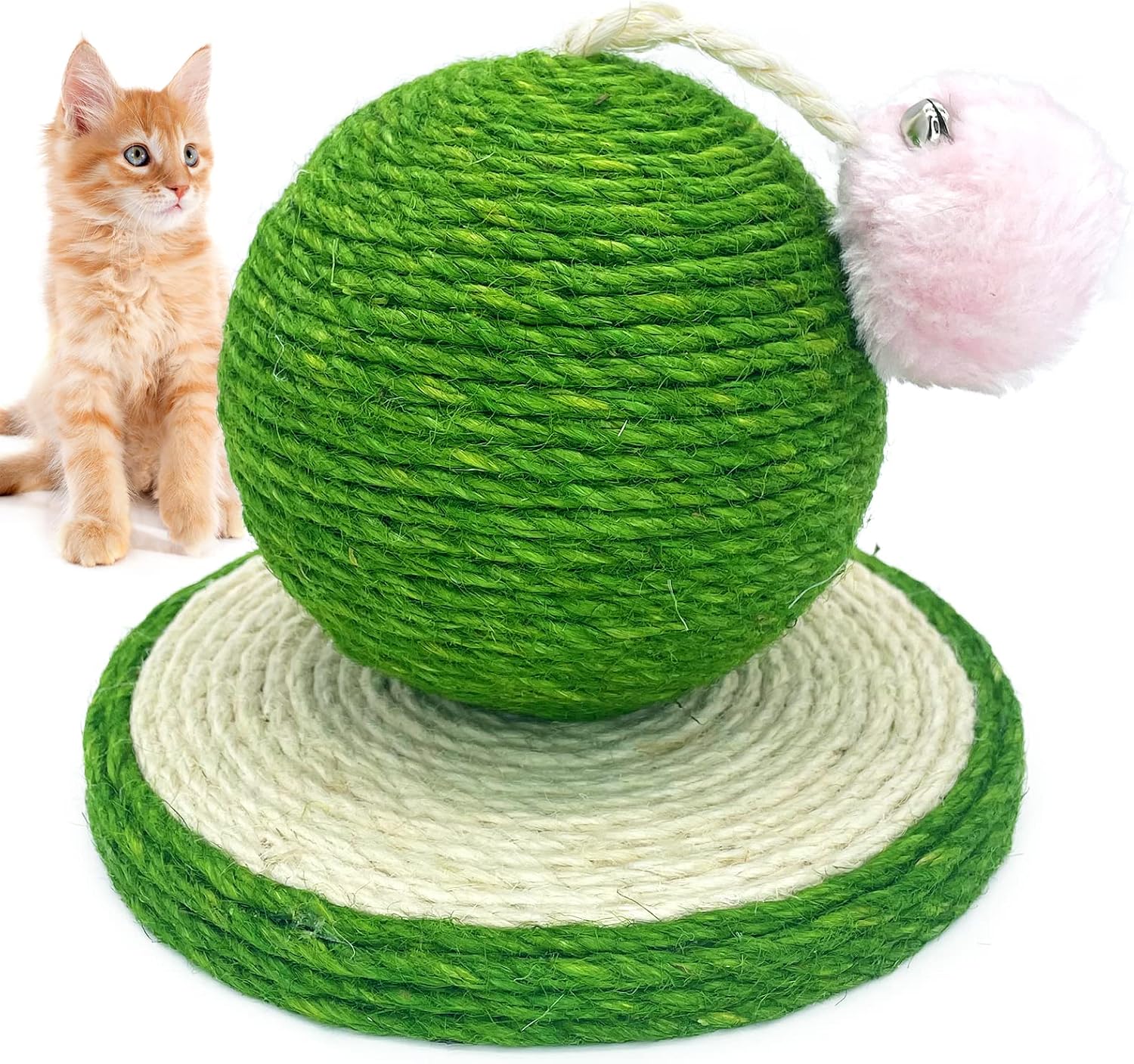 Fhiny Kitten Scratching Ball, Natural Sisal Cat Scratching Toy with Stable Base Green Cactus Scratch Post for Indoor Cats Interactive…