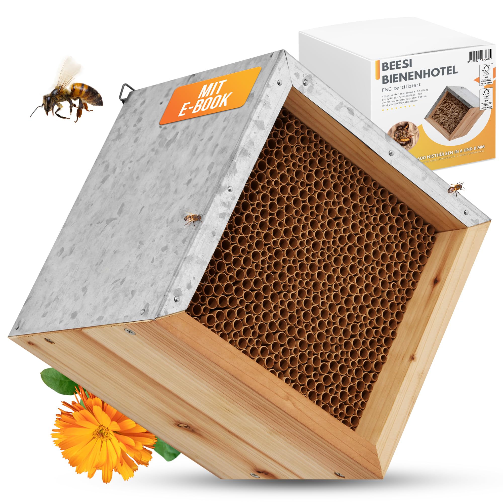 Beesi Bienenhotel mit Metalldach – 600 Nisthülsen aus Pappe, FSC