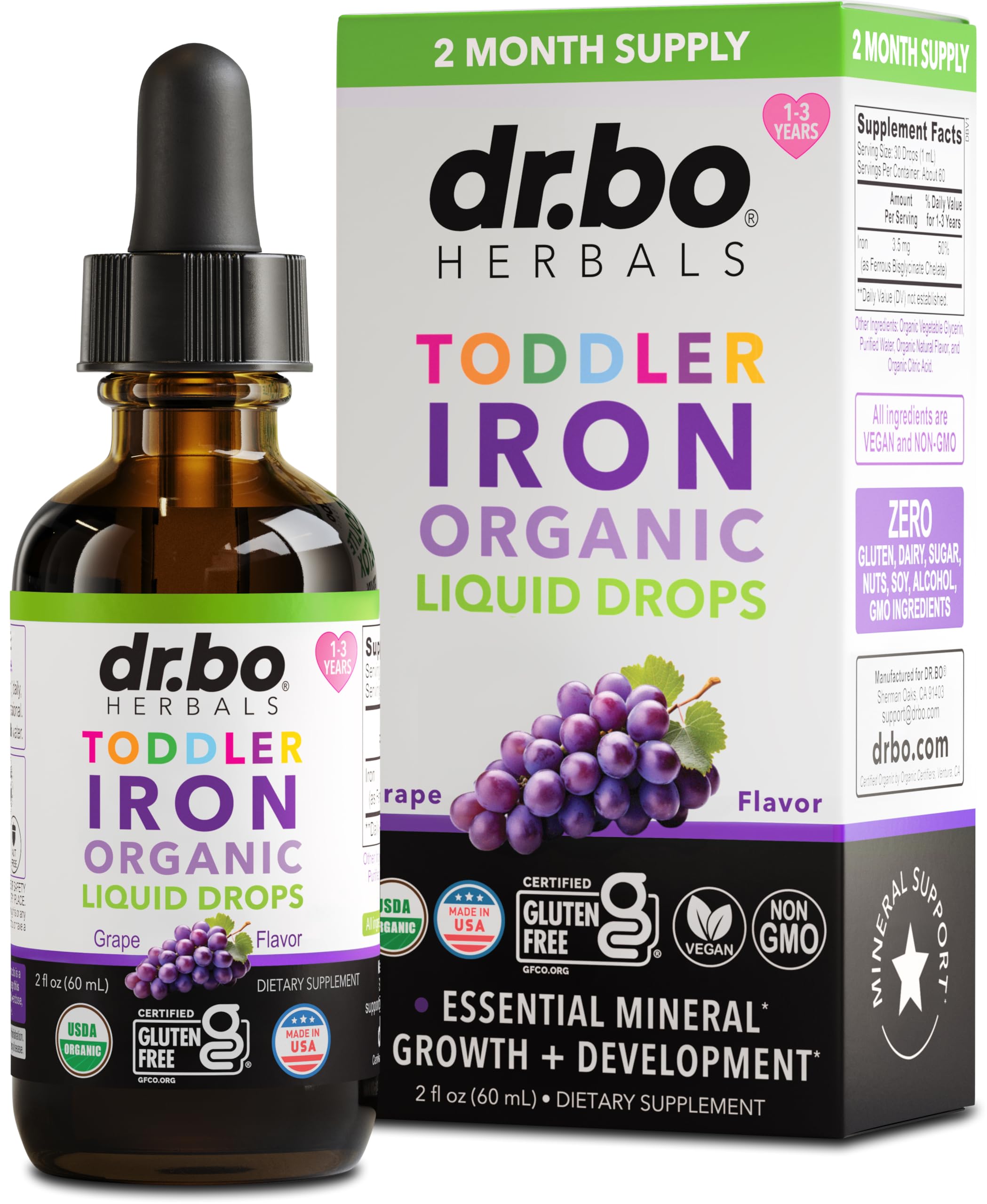 Iron Supplement for Toddlers & Kids - Organic Liquid Iron Drops for Kids, Toddler, Baby, Infant, Toddlers Supplements Ages 1-3 - Organic Vegan Toddler Liquid Drops Supplement, Gluten Free, Non-GMO 2oz