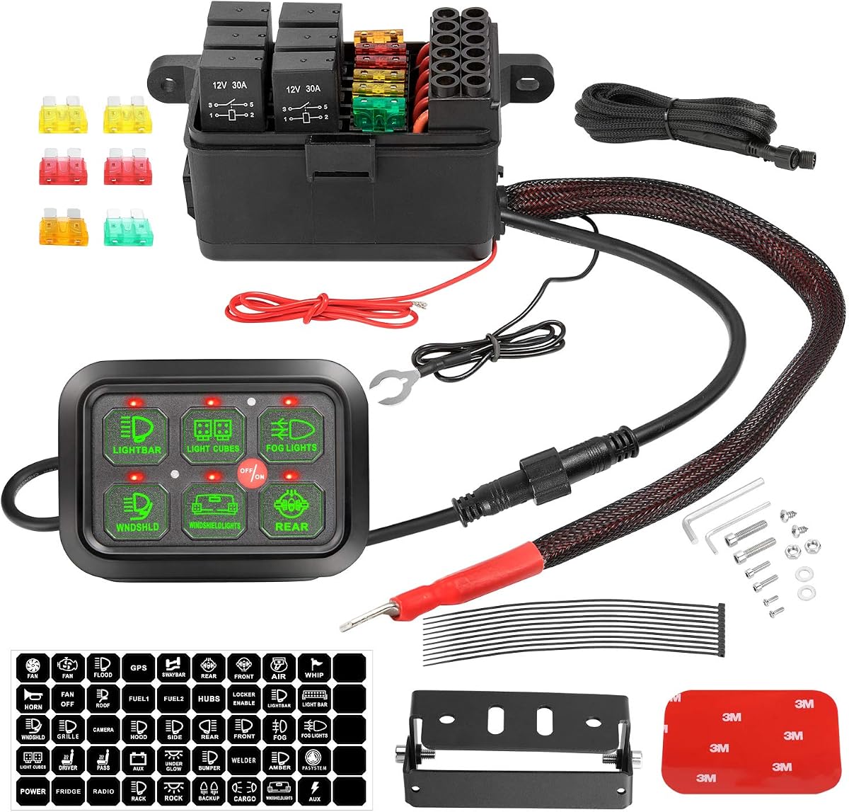 6 Gang Switch Panel Circuit Control Box Automatic Dimmable | Switch Pod Panel Relay System Universal Touch Switch Box with Harness Label Sticker for Car Marine Boat ATV UTV Truck