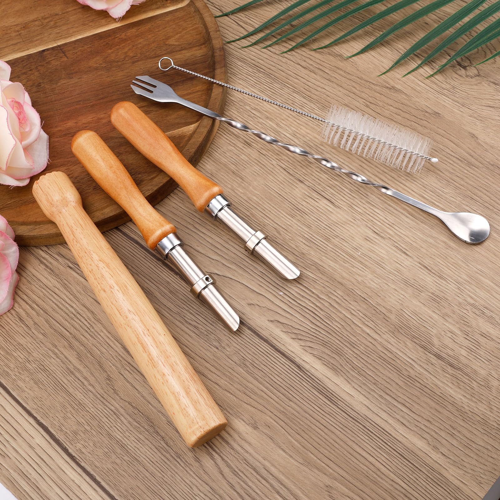 5pcs Straw Puncher Kit, Stainless Steel Straw Hole Punchers for Plastic Lids with Wooden Muddler Stirring Spoon - Image 3