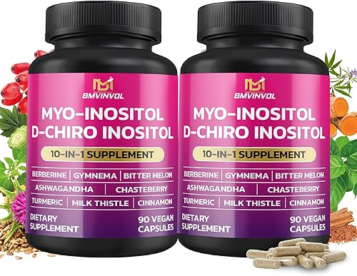 BMVINVOL Paquete de 2 suplementos de inositol - Myo-Inositol y D-Chiro Inositol Ideal 401 Ratio - Más Berberina, Canela, Ashwagandha+5