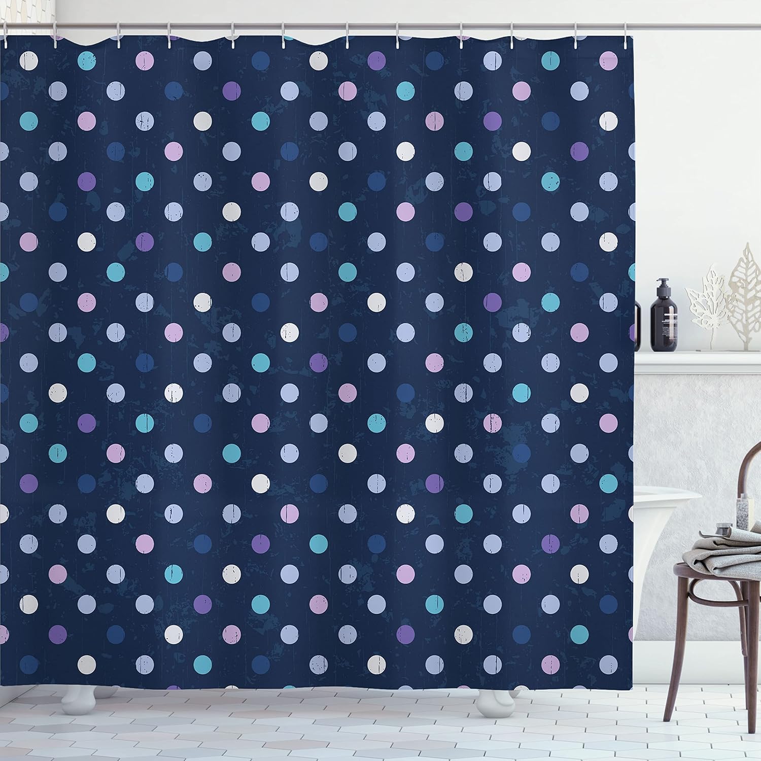 Ambesonne Navy Blue Shower Curtain, Polka Dots 5 s 6 s Pattern for Room Spots Art Design, Cloth Fabric Bathroom Decor Set with Hooks, 69" W x 70" L, Navy Blue Purple