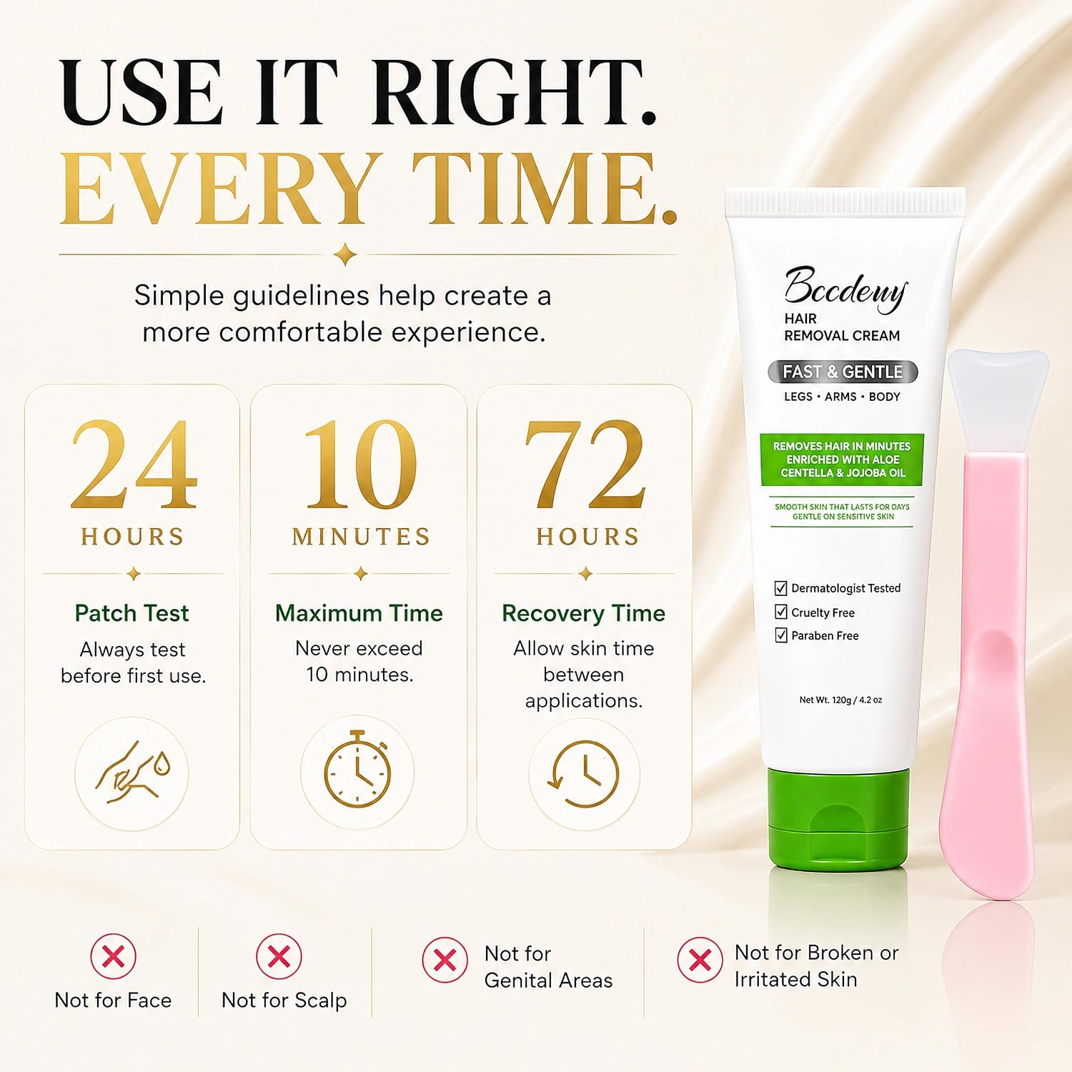 Hair Removal Cream for Women, 5–7 Min Fine Hair, Legs Arms Bikini | Sensitive Skin • Fast & Gentle • With scraper • Coarse Hair Up to 10 Min • Mild Fragrance • Aloe • Centella • Jojoba • 4.2oz