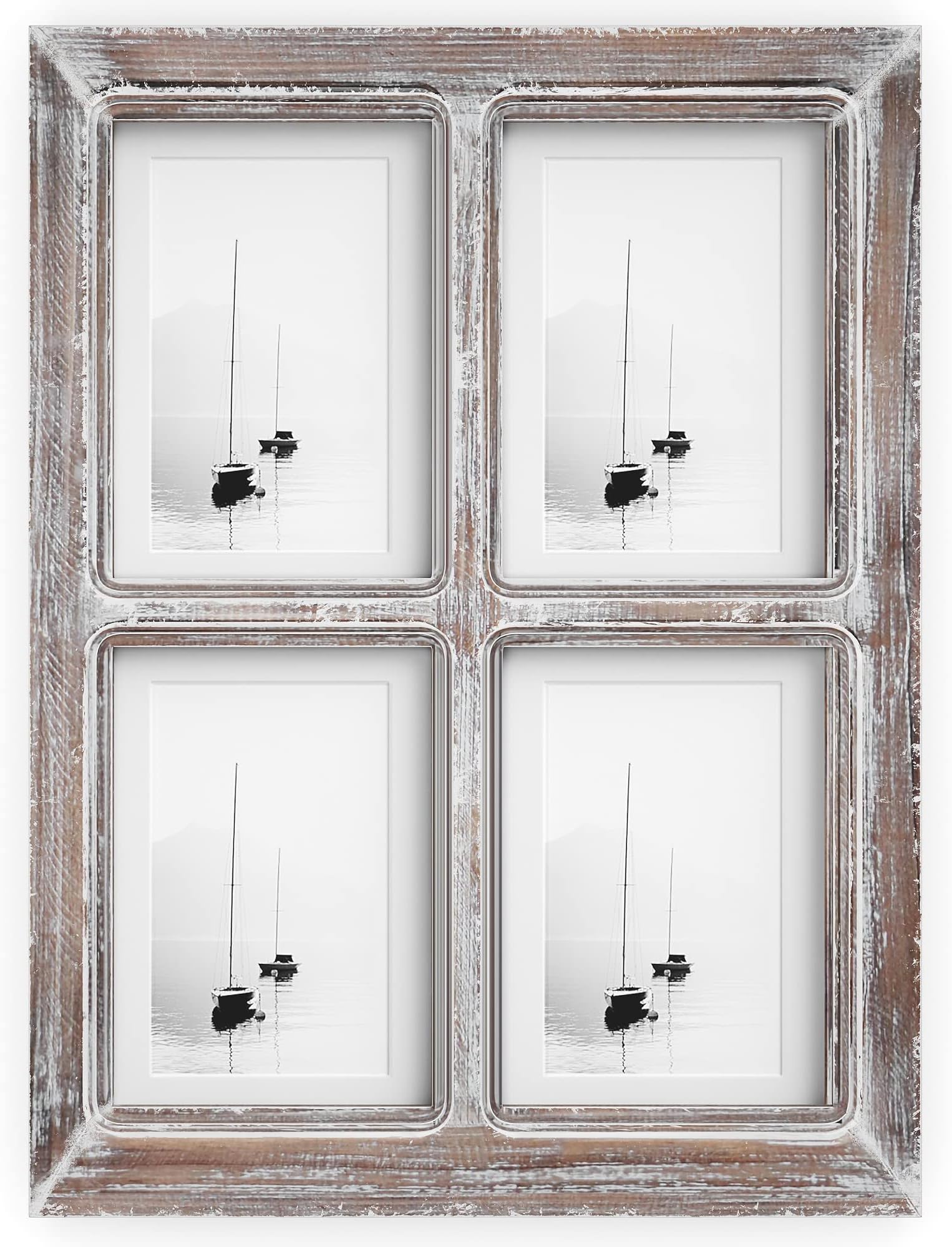 4x6 or 5x7 Collage Picture Frames, 4 Photo Openings w/Mat for Multiple Pictures, Distressed Rustic Wood Farmhouse Frame for Wall, 16x12 (Brown)