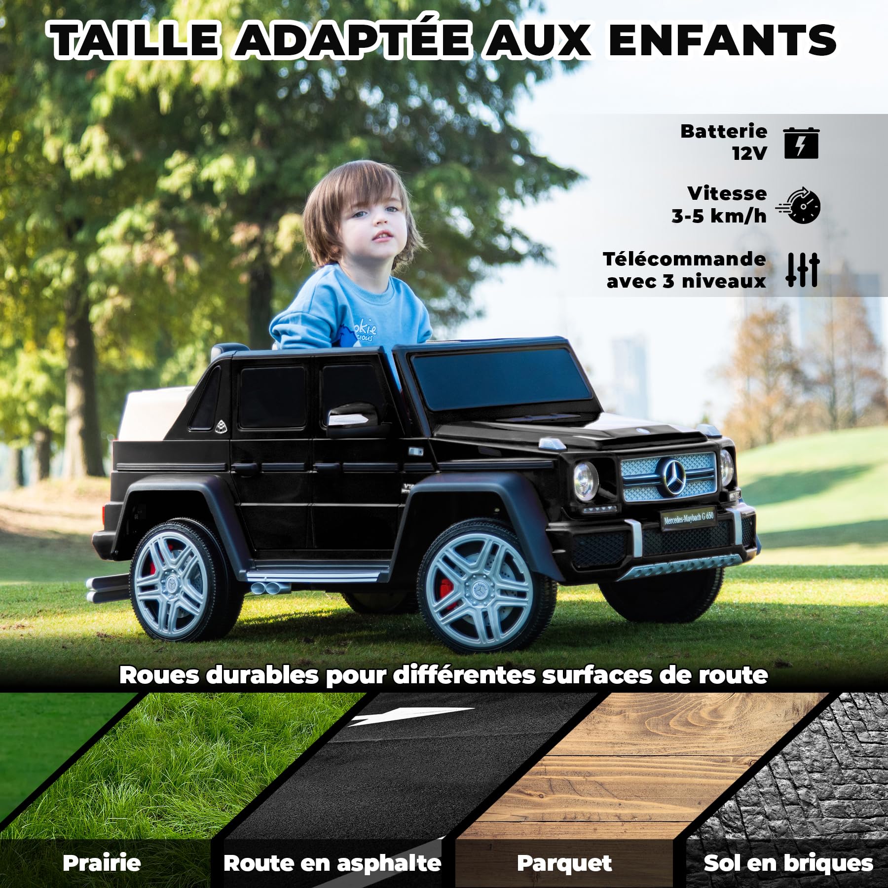 ORYXEARTH Elektroauto für Kinder, Akku 12 V, 7 Ah, Geschwindigkeit 3-5 km/h, für Jungen, Mädchen, Fernbedienung 2,4 G, Bluetooth/LED/Musik/USB, 3-8 Jahre, Geschenk für Kinder, Schwarz