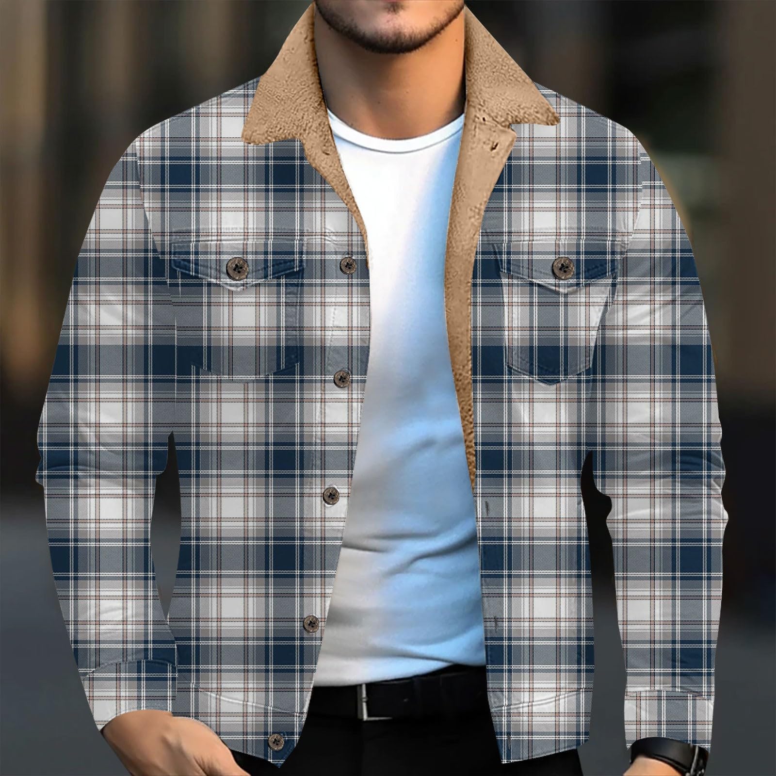 Giacca in pile da uomo con colletto a quadri, giacca in pile a scacchi con bottoni, stile retrò, classico, trapuntata, termica, comoda, con tasche per il risvolto, per l'inverno