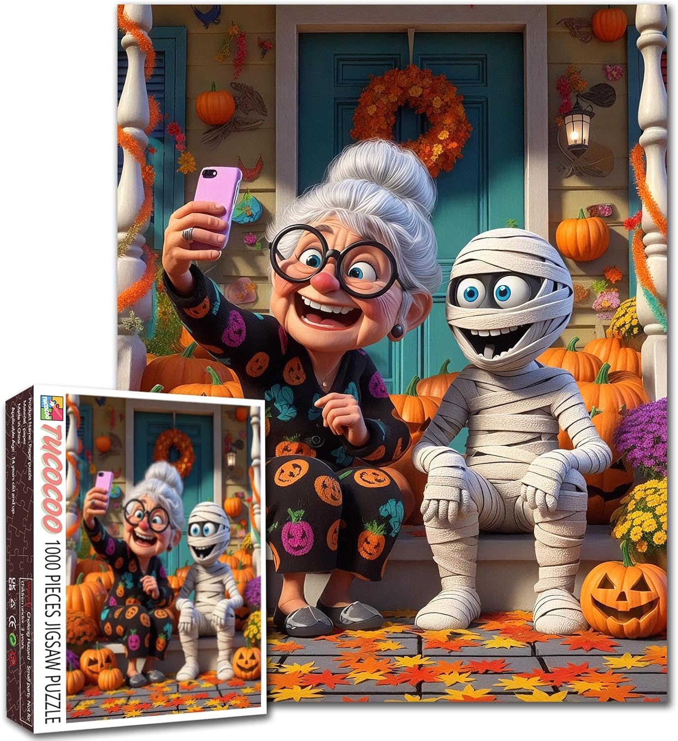 Halloween Funny Grandma Taking Selfie with Mummy 1000 Piece Jigsaw Puzzle for Adults Students 20×27 Inches Cute Autumn Jigsaw with Pumpkins Leaves and Festive Decor Gift for Family Fall
