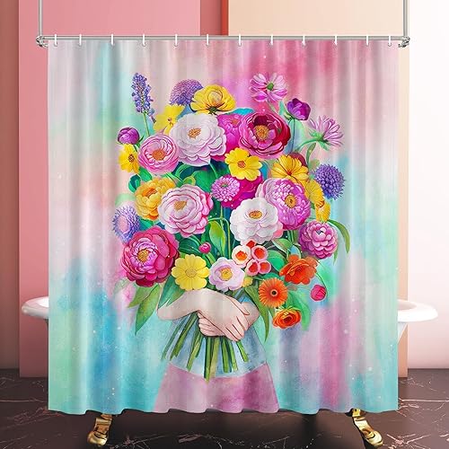 Vimorco Shower Curtain Pink Flower, Blue Bouquet Shower Curtains for Bathroom, W
