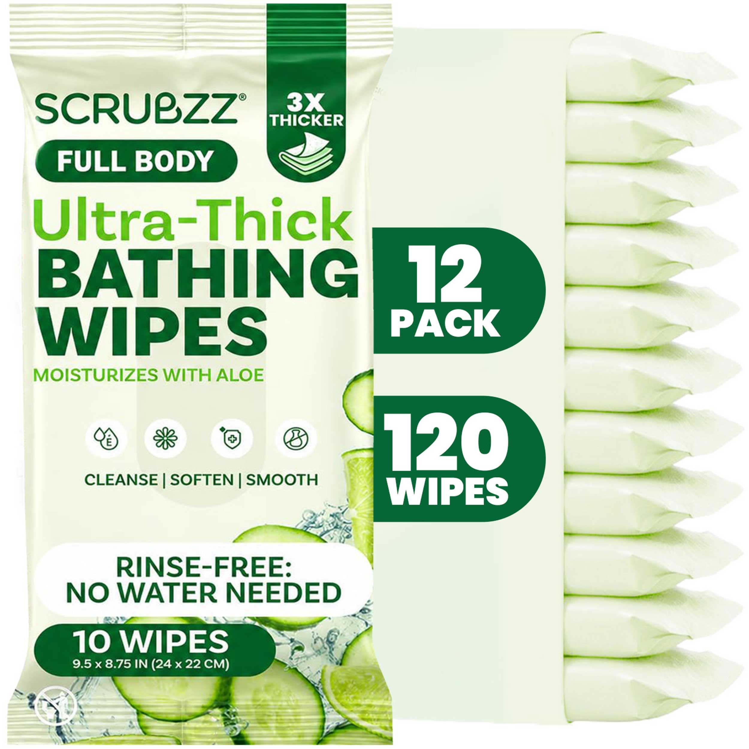 Extra Large Body Wipes for Adults Bathing No Rinse - 120 Ultra Thick Disposable Shower Wipes for Men, Women & Elderly - Great for Gym, Camping, Post Surgery - Cucumber Lime