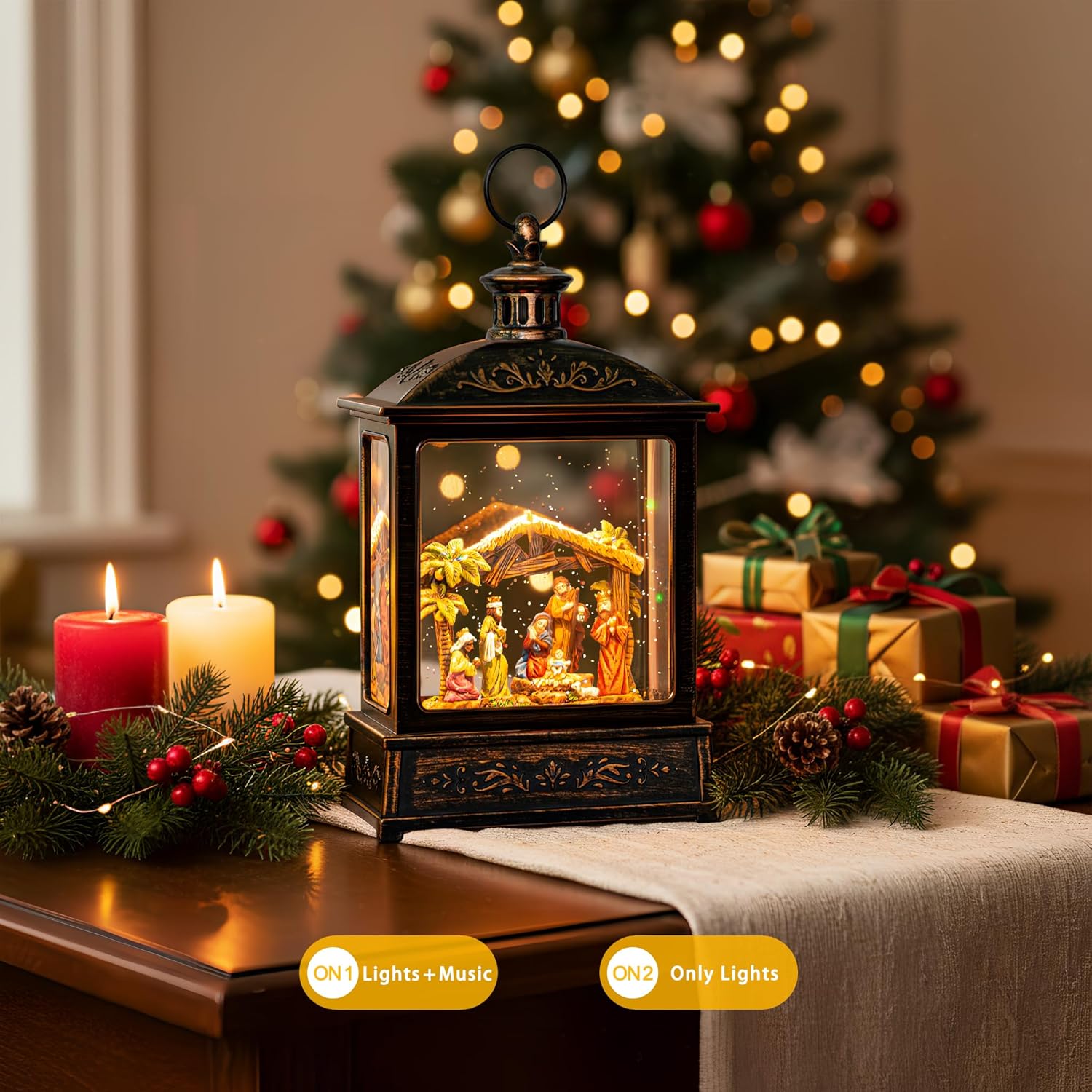 Christmas Snow Globe Glittering Nativity Scene with Music & Timer, USB Lined/Battery Operated Lighted Water Lantern for Christmas Festival Decoration Gifts - Image 4