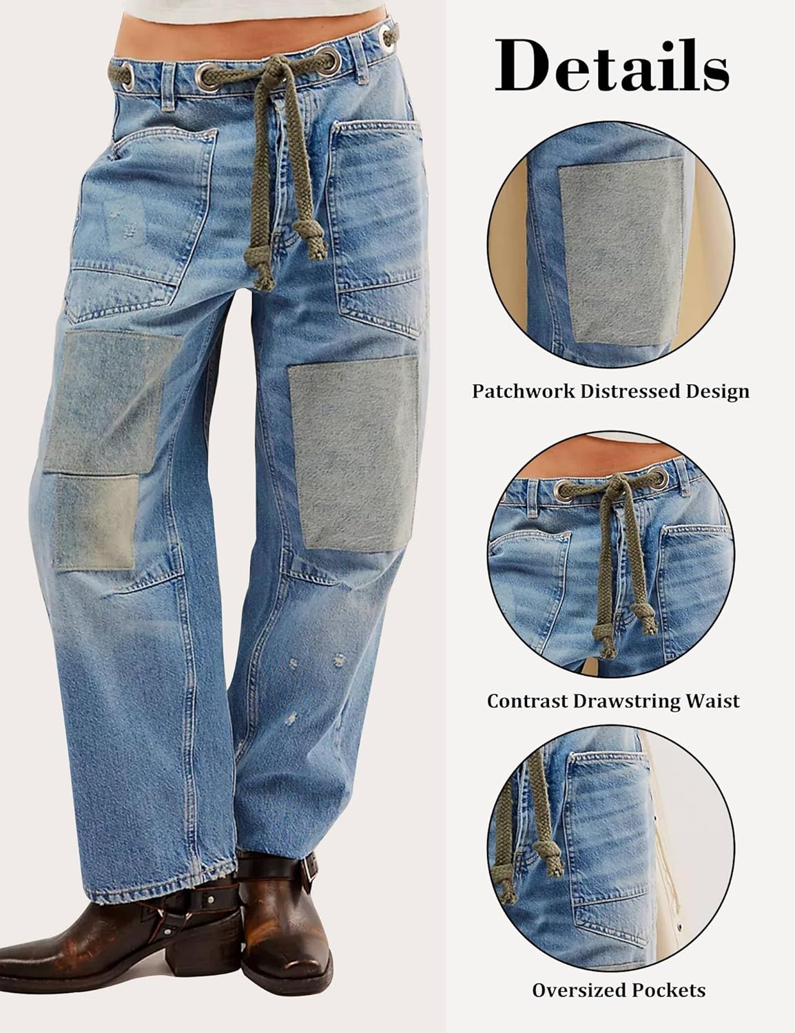 Barrel Jeans Women Trendy Low Rise Drawstring Baggy Jeans Vintage Pant Casual Wide Leg Horseshoe Demin with Pockets - Image 4
