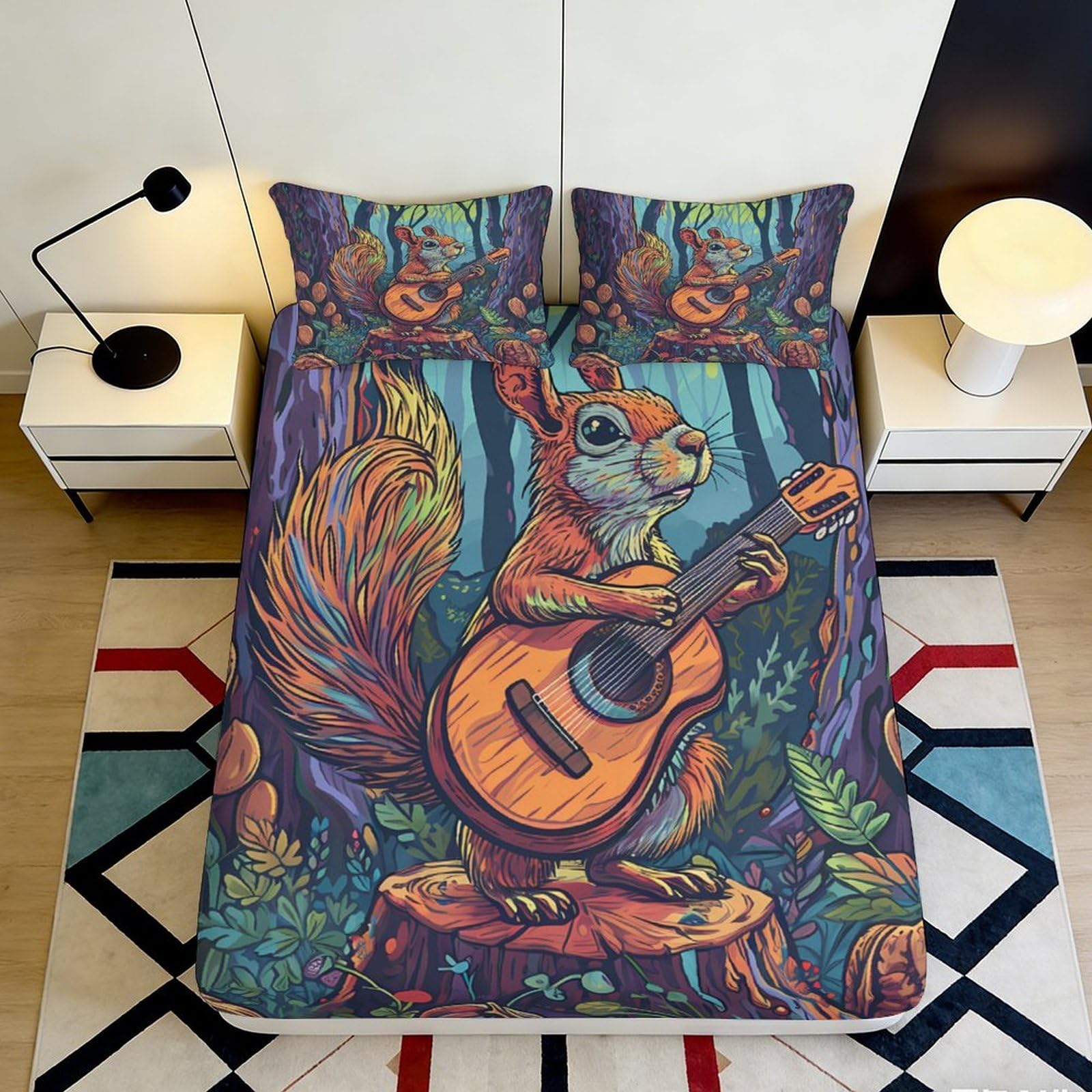 3D Printed Squirrel Guitar Fitted Sheet Microfiber Soft Durable Forest Design Bed Cover for Bedroom Dormitory Guest Room Mattress Protection 90x200x25cm