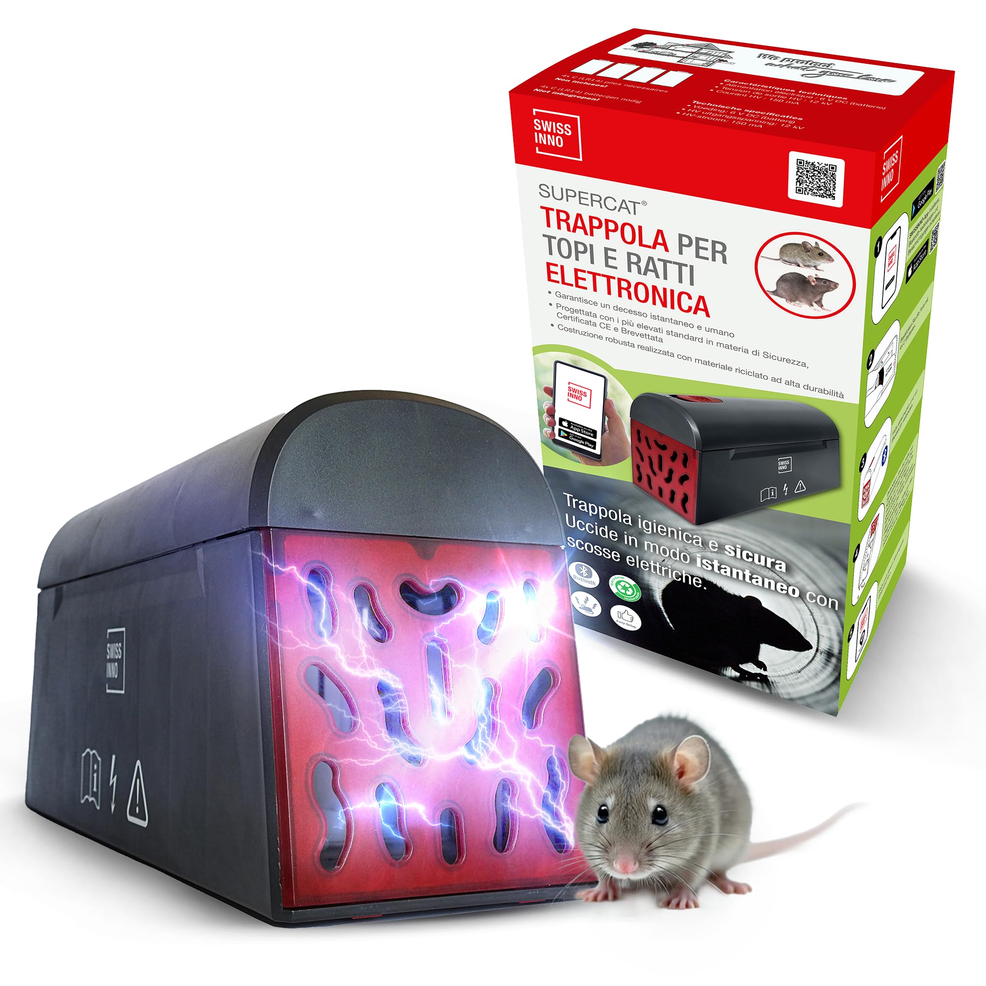 SWISSINNO Trappola Elettronica per Topi e Ratti SuperCat – Scossa Elettrica Immediata – Notifica Bluetooth – Design Svizzero – Produzione Europea – Robusta e Riutilizzabile