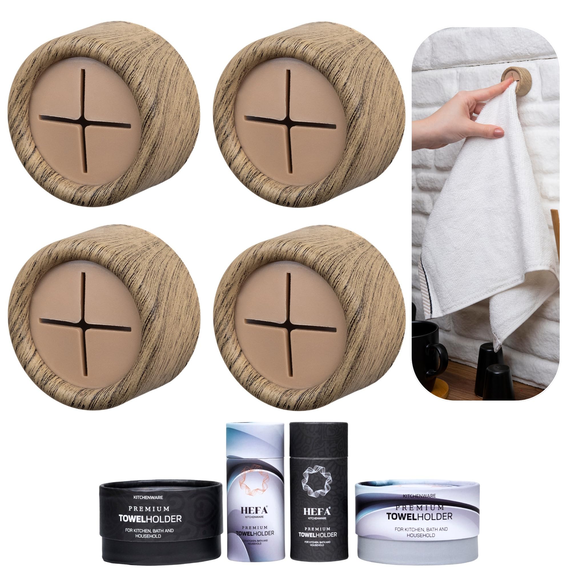 Towel Holder and Hooks - Kitchen and Bathroom Organization Accessories - 4 Pack (OakTree)