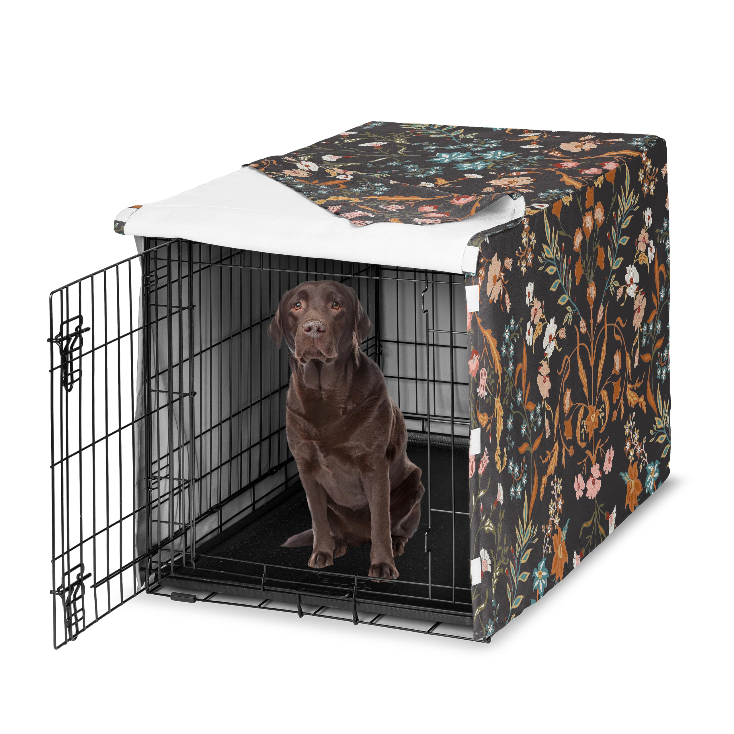 Sweet Jojo Designs 42in. Medium/Large Dog Crate Cover (Black Boho Wildflower) for Girls Pet Cage, Kennel Covers (Vintage, Floral, Leaves, Botanical, Paisley, Flower, Bohemian, Farmhouse, Orange, Blue)