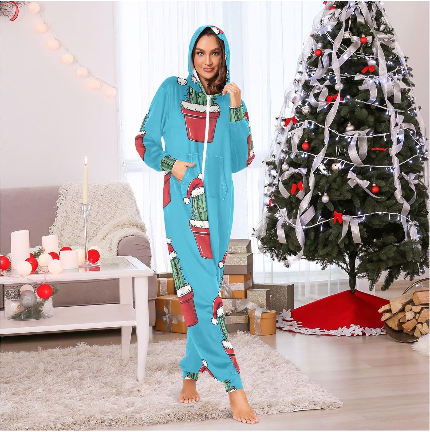 ZZKKO Christmas Cactus Potted Adult Onesie Pajamas for Women Men Cozy One Piece Pajamas Costume Zip-Up Hooded S-XL