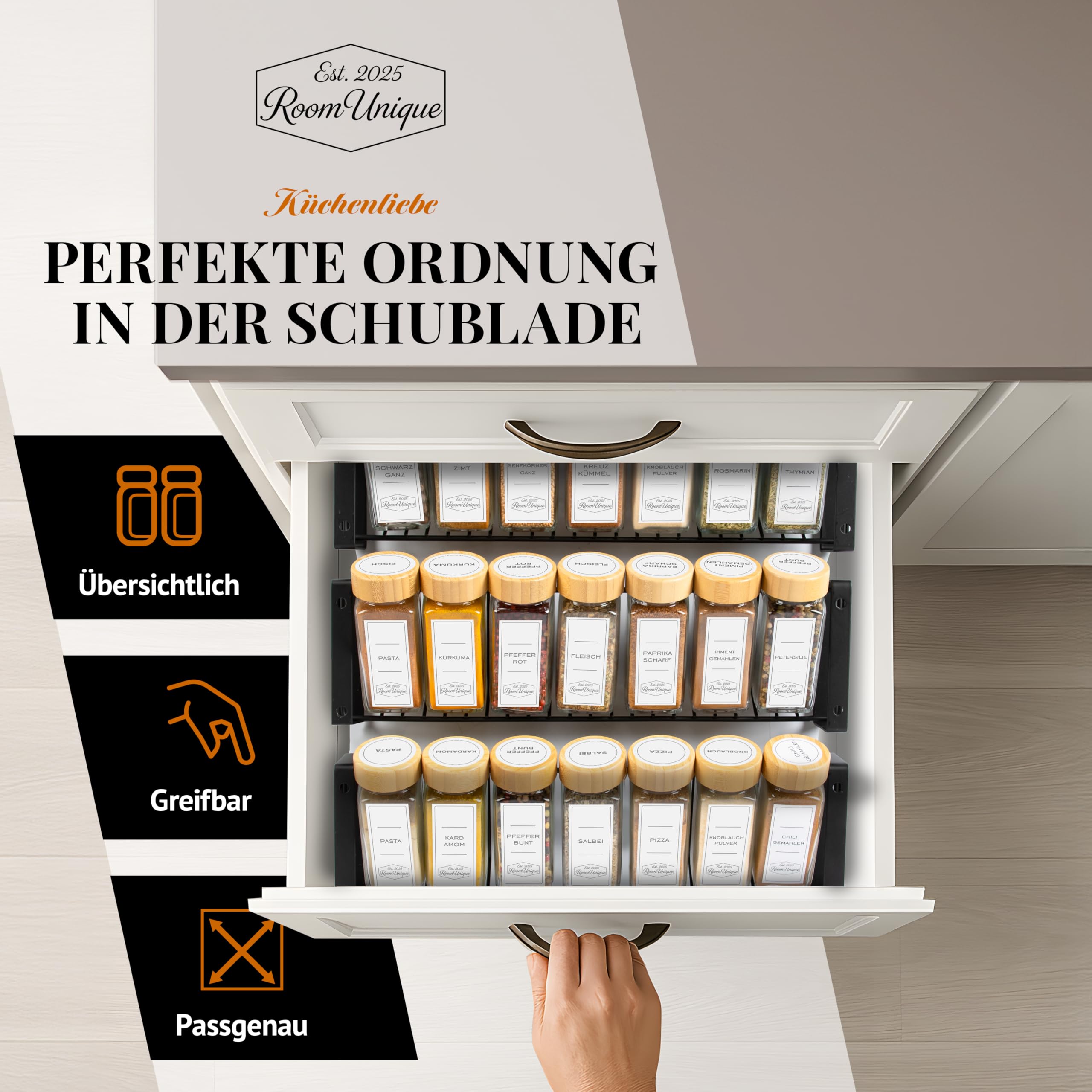 Gewürzregal mit Gewürzgläsern | 21 Gläser a 120 ml mit Bambusdeckel | Etiketten | Streueinsätze | Trichter+Bürste | Metallregal 36,6×25×11 cm | Modular + beschriftbar | inkl. Marker