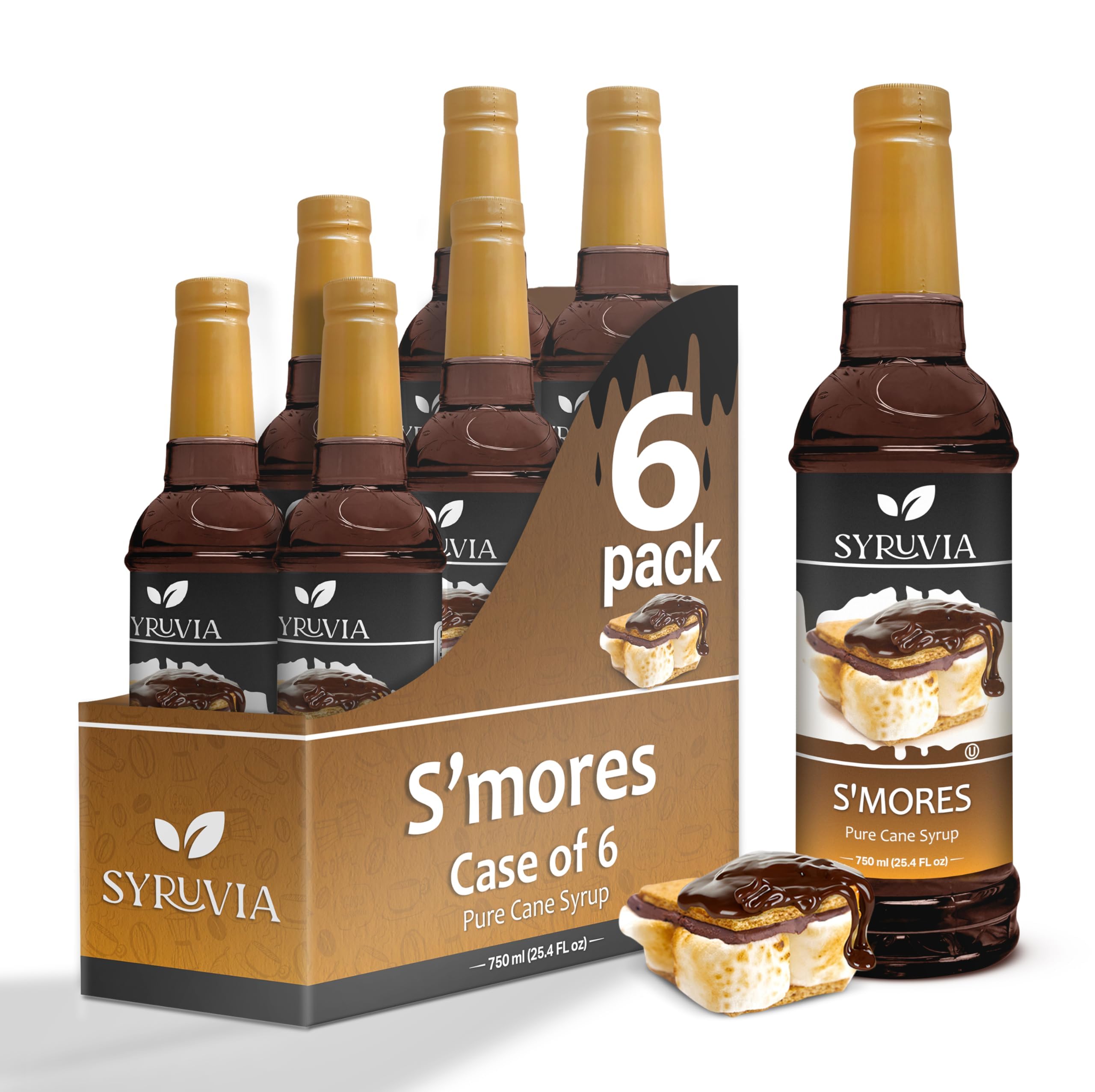S'mores Syrup by Syruvia 6-Pack, 25.4 fl oz, Wholesale Coffee Syrup Shops, Cafes, Baristas, Bistros, & Beverage Bars, Bulk Kosher & Gluten-Free