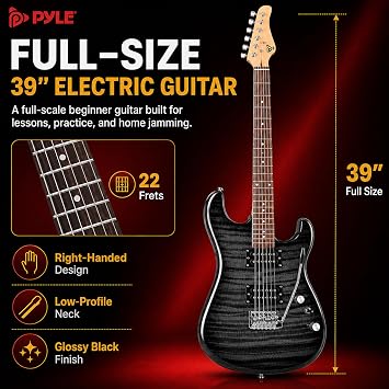 Pyle Electric Guitar Kit with Amp for Beginners Full Size 39 Instrument Package with Humbucker Pickups and Rock Amplifier Starter Set Bundle for Kids All Ages, Youth and Adults