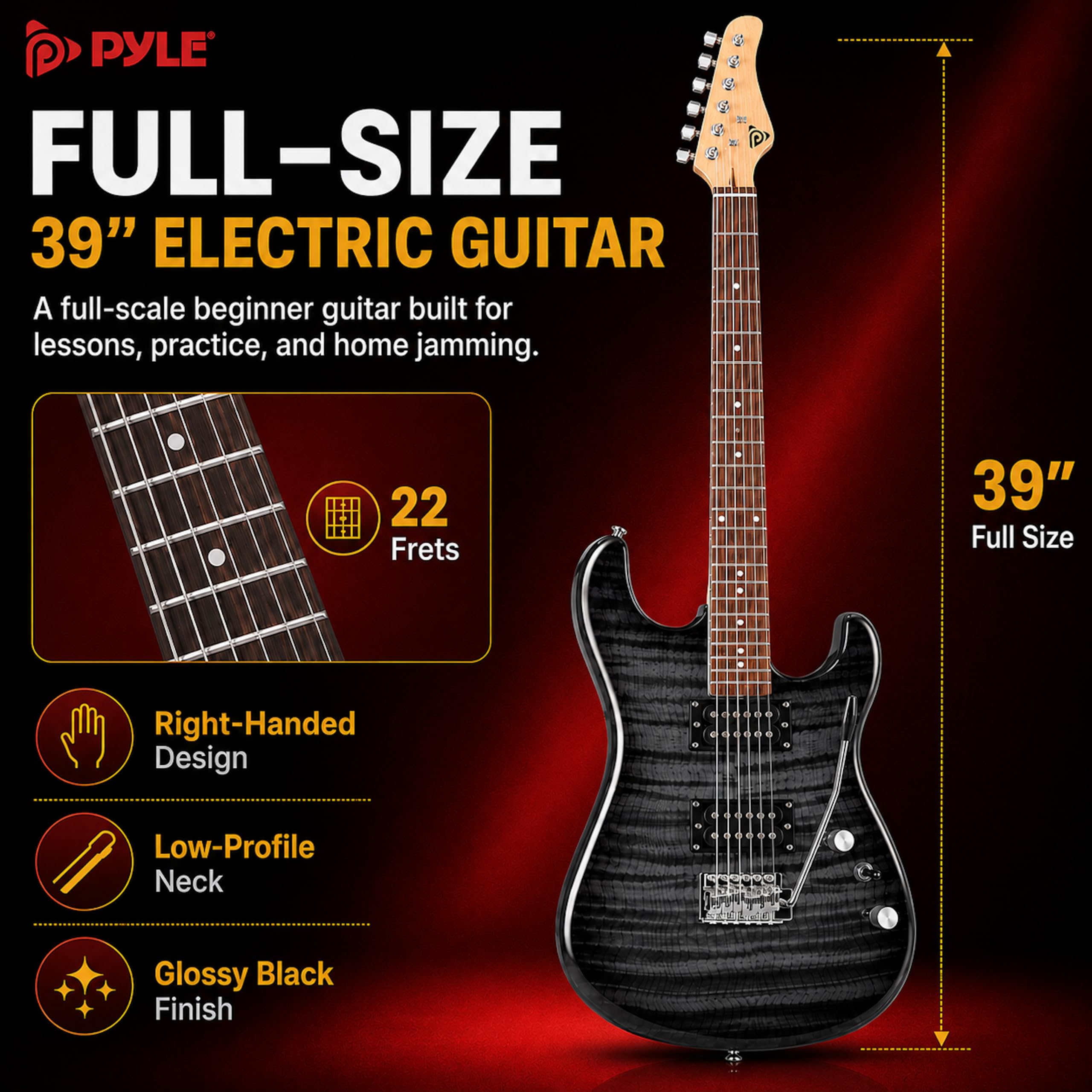 Pyle Kit Guitare Électrique Noir avec Amplificateur pour Débutants, Instrument Standard 39 Pouces avec Micros Humbucker, Set de Démarrage pour Enfants, Jeunes et Adultes