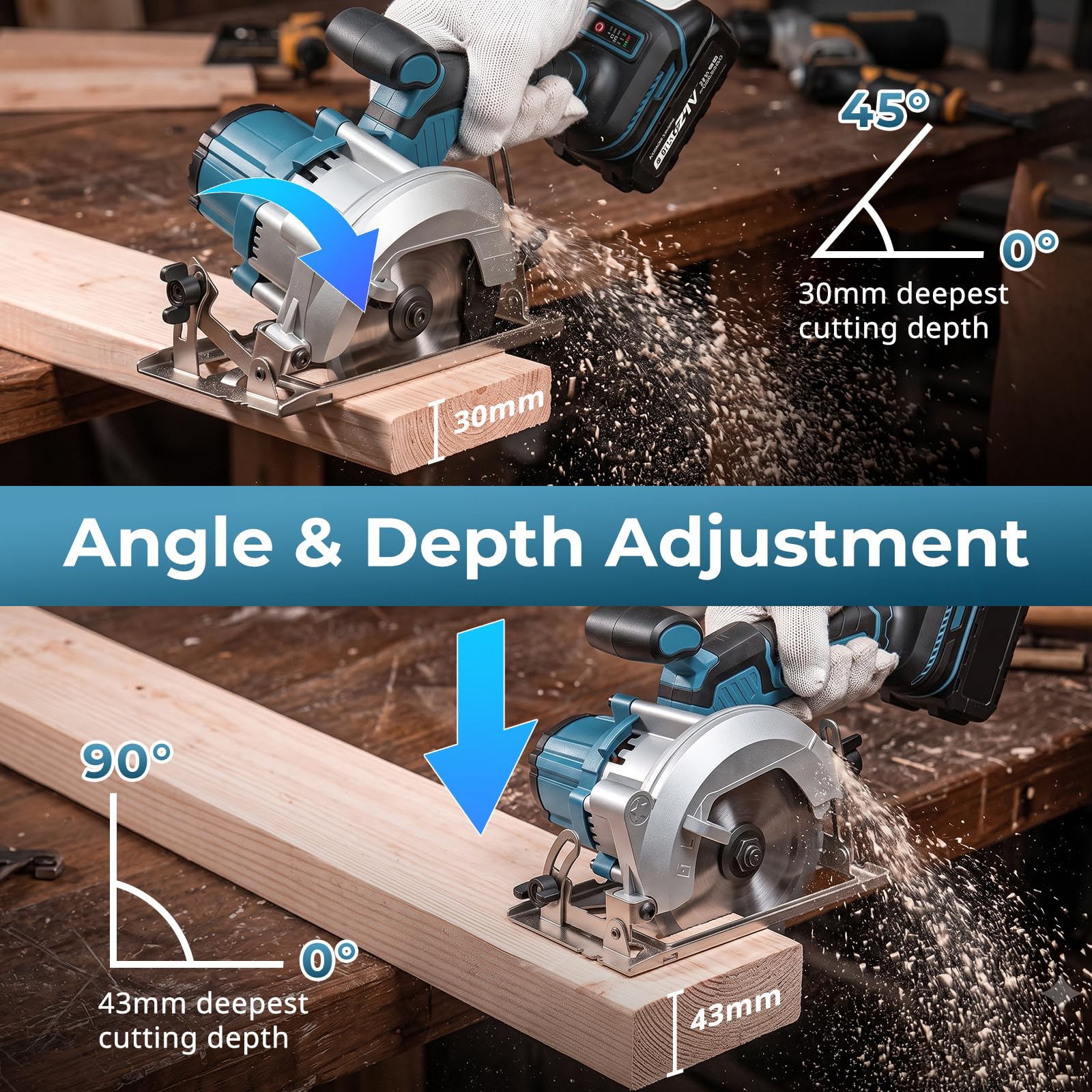 Mini Sierra Circular Inalámbrica compatible con Makita 18V Batería, 7200RPM, corte a inglete de 45°/90°, 2 Hojas de Sierra de 140mm para Madera, PVC(Sin Batería)
