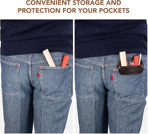 Vista 13 de RingSun Protector de bolsillo de cuero genuino para hombres, bolsa de herramientas duradera, protector de camisas de jeans para herramientas