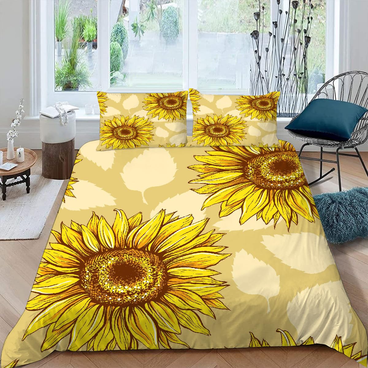 Parure de lit fleurs Tournesol 3D en microfibre douce et thermorégulatrice pour 2 personnes