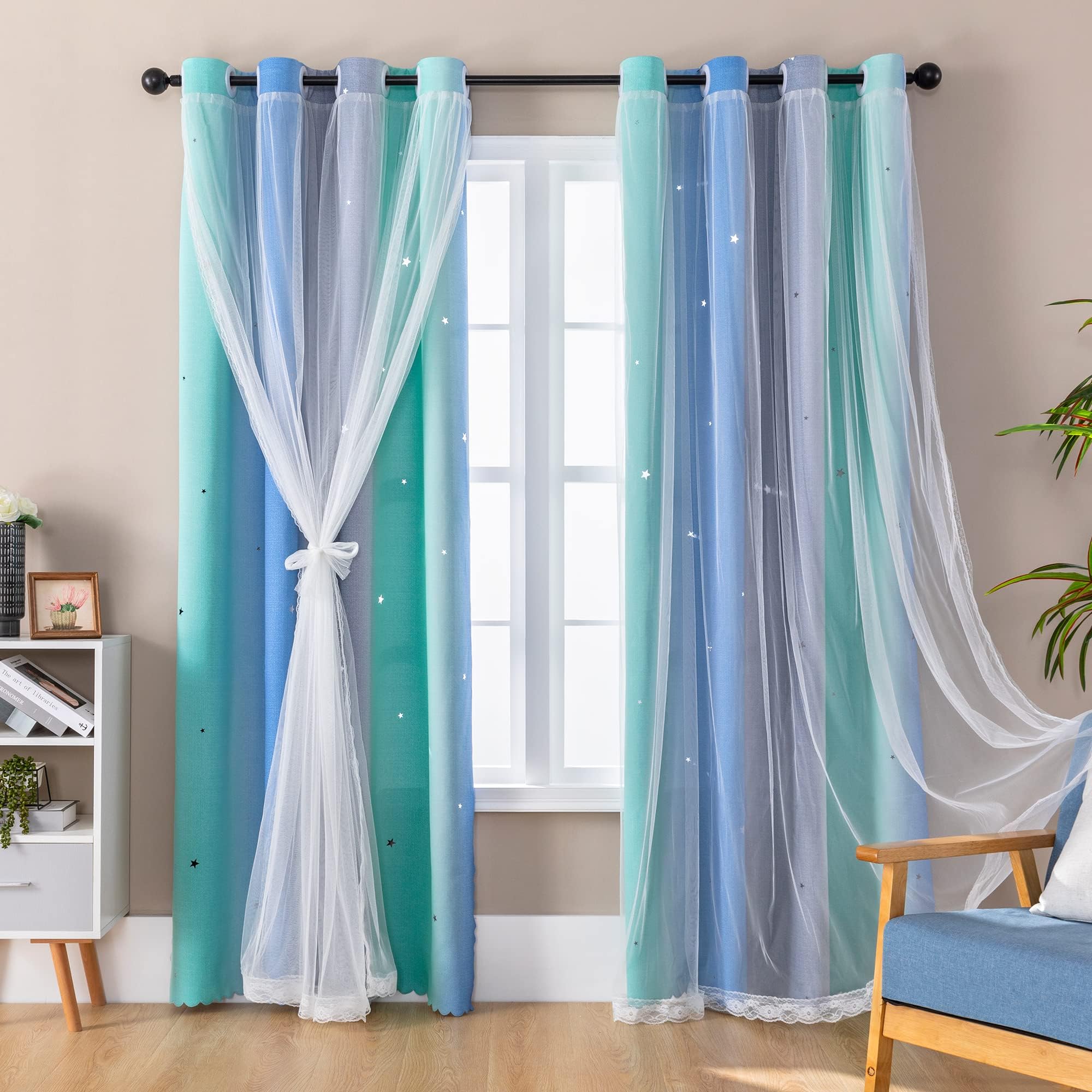 XiDi Blue Blackout Curtains for Boy Rooms Green Curtains for Bedroom Grey Window W34 X L63