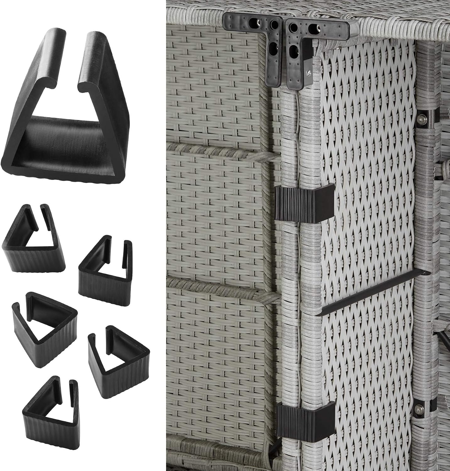 Close-up of the black connecting clips used to secure modular furniture pieces together.