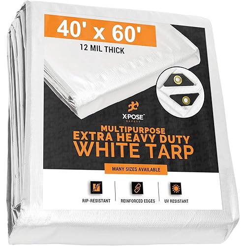 Heavy Duty White Poly Tarp - Multipurpose Protective Cover - Durable, Waterproof, Weather Proof, Rip and Tear Resistant - Extra Thick 12 Mil Polyethylene - by Xpose Safety (40' X 60')