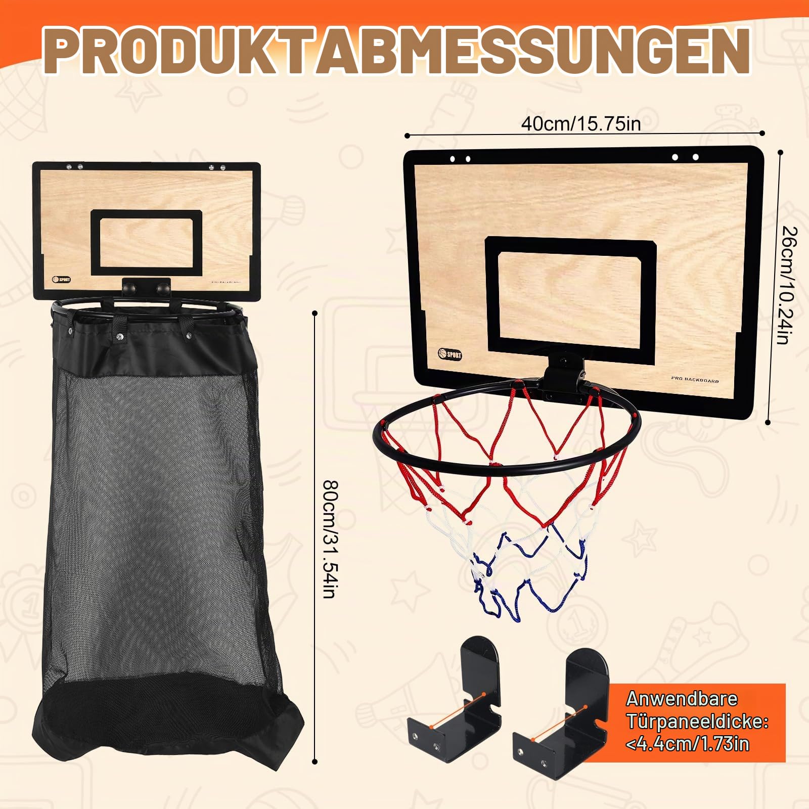 Basketballkorb Wäschekorb 2-in-1, Türhängender Mini Basketballkorb mit großem Netz-Wäschesack & Reißverschluss, Wäschekorb aus Holz inkl. Ball & Pumpe, für Kinderzimmer & Wohnheim (Naturholz)