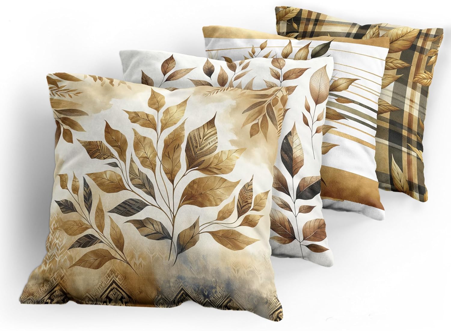 Ambesonne Fall Colors Throw Pillow Cushion Cover Set of 4, Watercolor Autumn Leaves in Rustic Design Grunge on Tartan Plaid, Decorative Accent Double-Sided Printing, 24", Amber and Dark Green