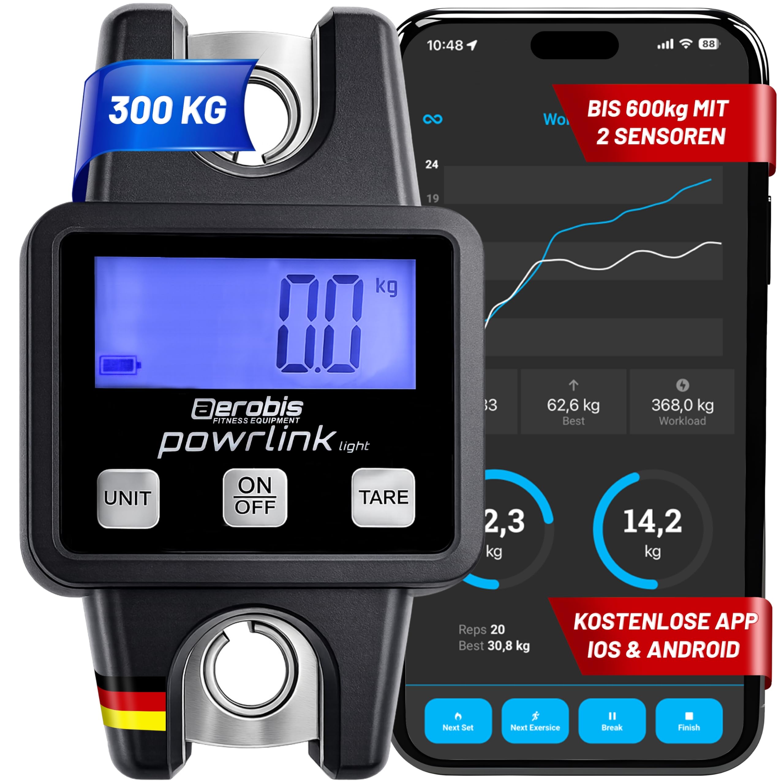 aerobis® Powrlink Light – Fitness Tracker bis 600 kg – Echtzeit-Kraftmessung & Maximalkraft-Testgerät – Tragbar, Präzise & Appgesteuert – für Seiltrainer, Slingtrainer & Powerbands