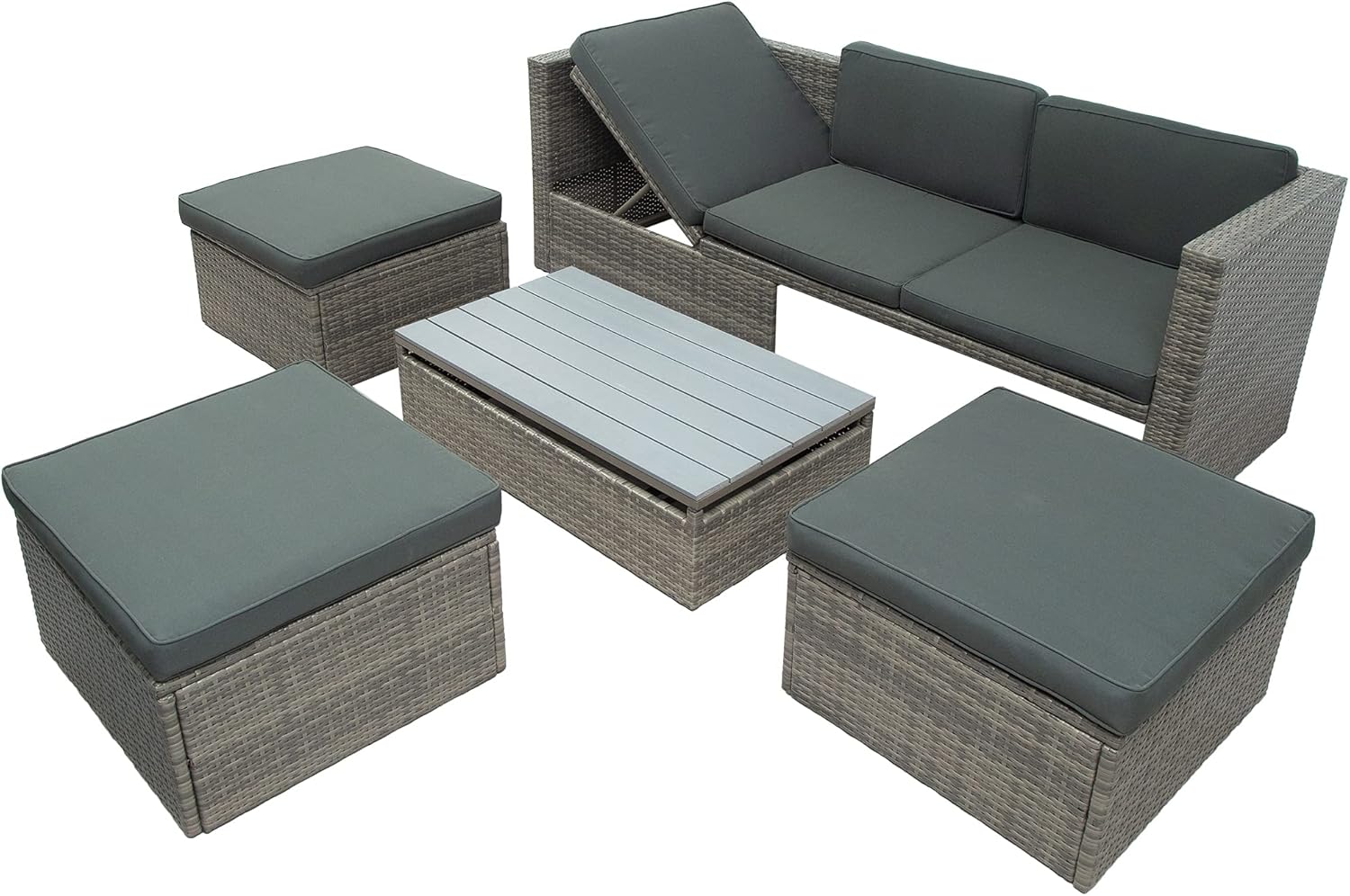 Merax 5 Pcs Conversation Sets Outdoor Patio Sofa with Adjustable Backrest, Cushions, Ottomans and Lift Top Coffee Table, Gray : Everything Else