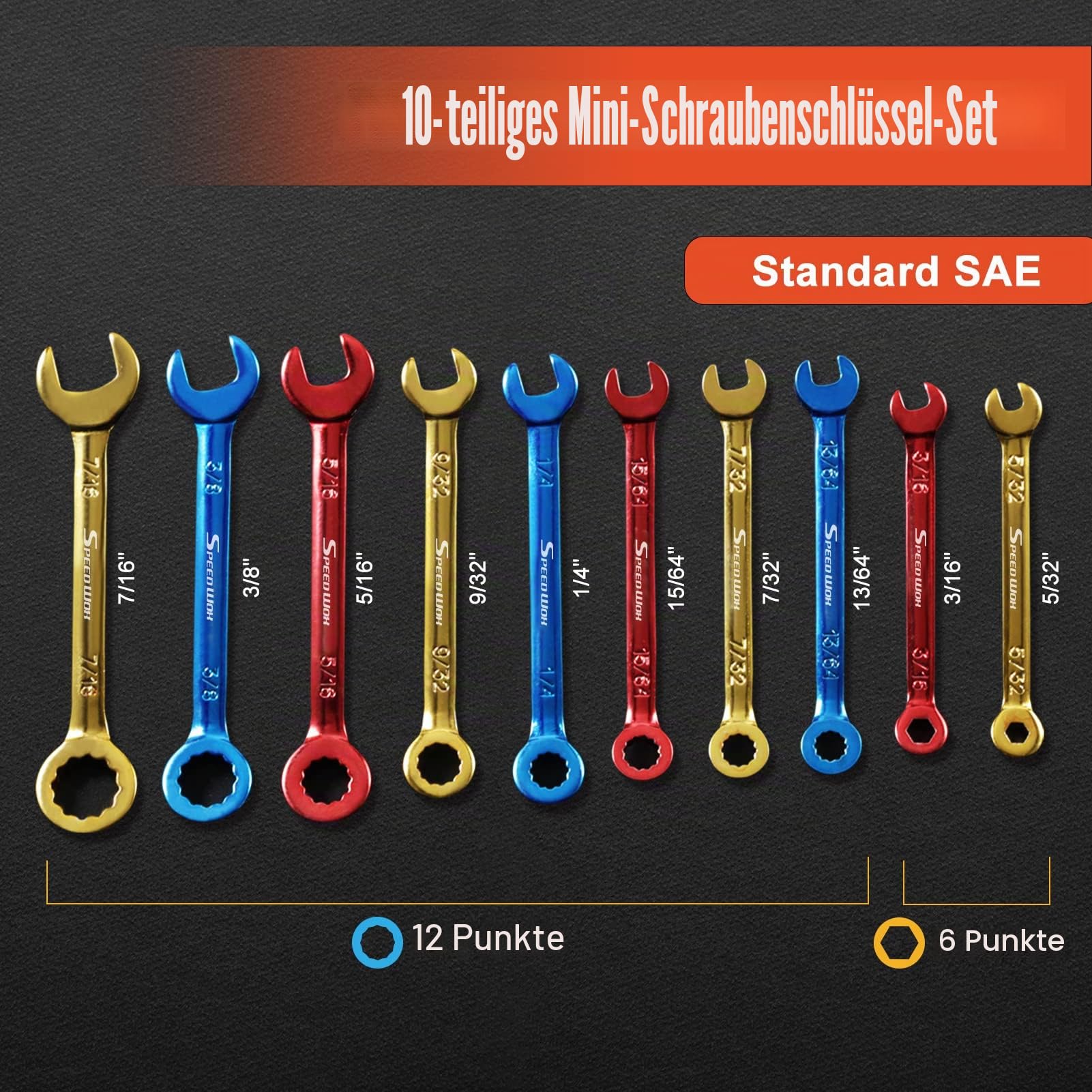 Speedwox Mini-Kombinationsschlüssel-Set, metrisch und SAE-farbig plattiert, offenes und Kastenenende, Midget-Schraubenschlüssel-Set mit tragbarer Tasche und großem Ring (4-11 mm) (5/32-7/16 Zoll)