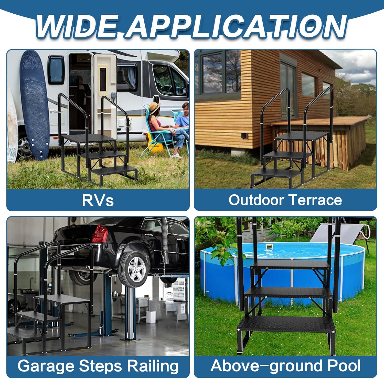 RV Steps, 3-Steps RV Stairs with Handrail Hot Tub Steps Mobile Home Stairs, Non-Slip Steps Outdoor Stairs for RV, Trailer, Camper Steps, Outdoor Spa