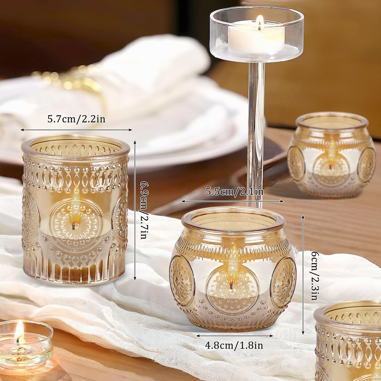 36er Teelichthalter Glas Gold, Vintage Kerzengläser für Hochzeit & Deko | Vintage Windlichter mit geprägtem Muster sorgen für warmes Licht bei Jubiläen, Geburtstagen, Feiern und festlichen Anlässen