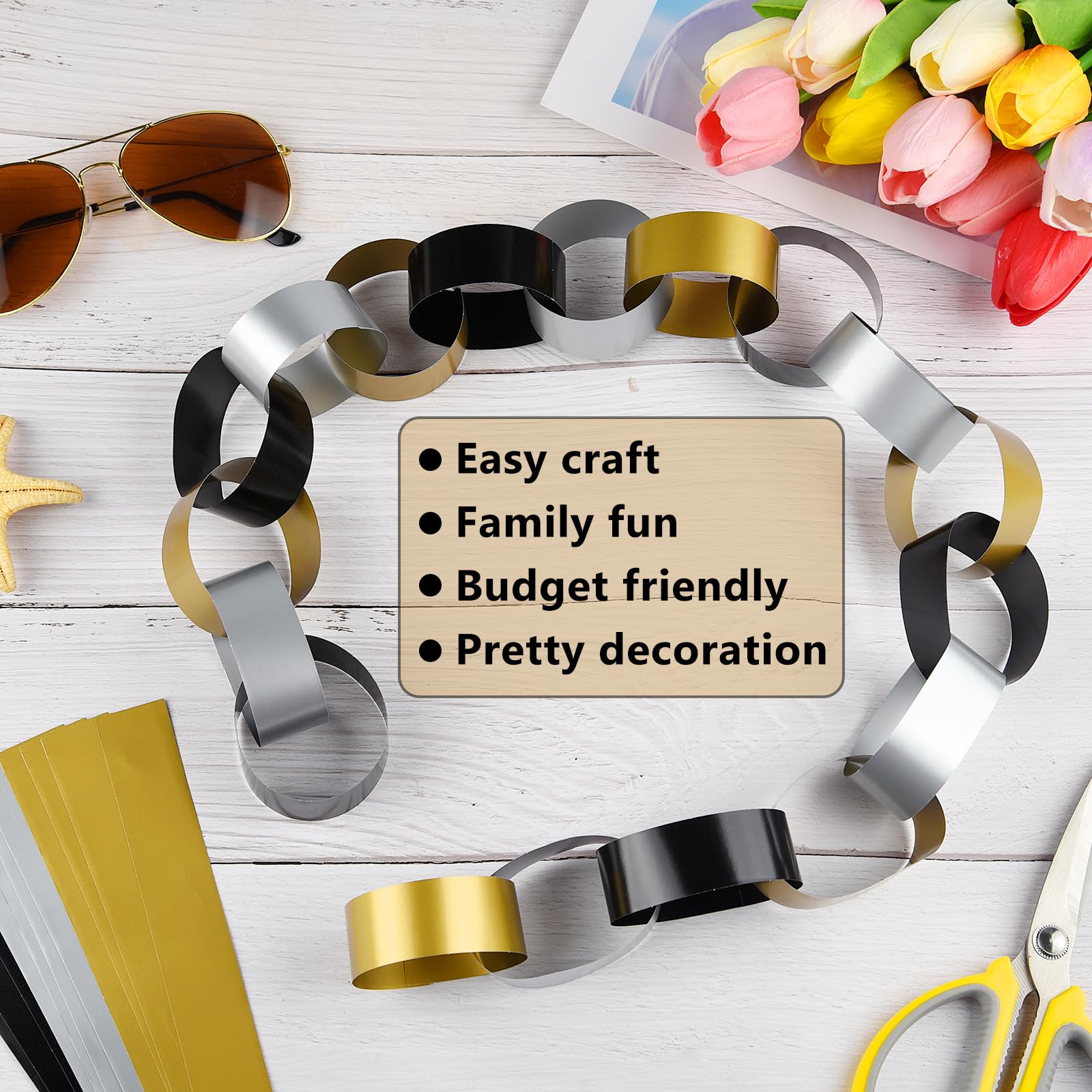 CHRORINE 600 Pcs Colorful Paper Chain Strips for Black and Gold Party Decorations DIY Crafts Supplies (Gold Silver Black - Image 3