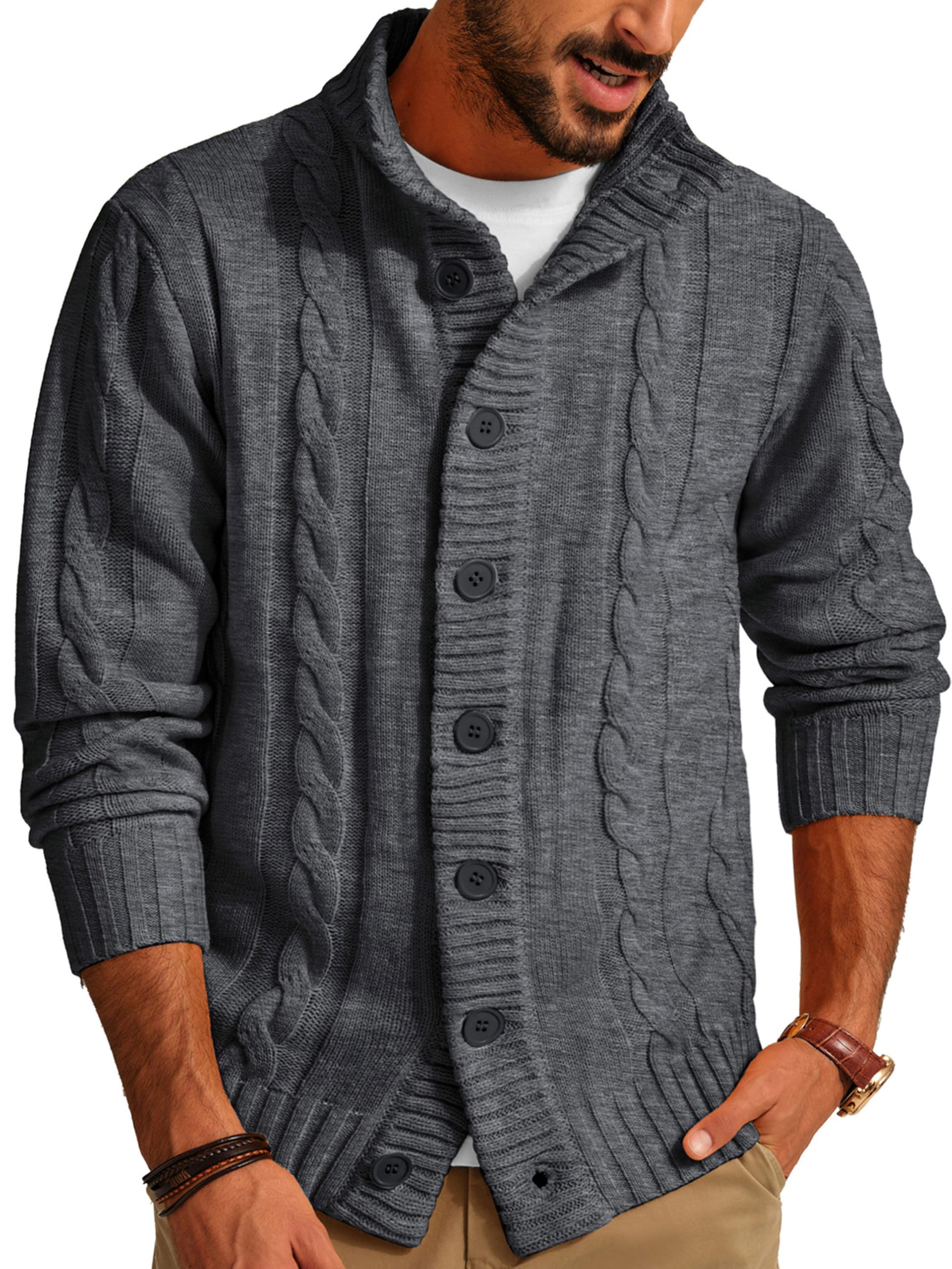 PJ PAUL JONES Cardigan da uomo con cerniera intera, casual, colletto alla coreana, lavorato a maglia, Rosso vinaccia, S